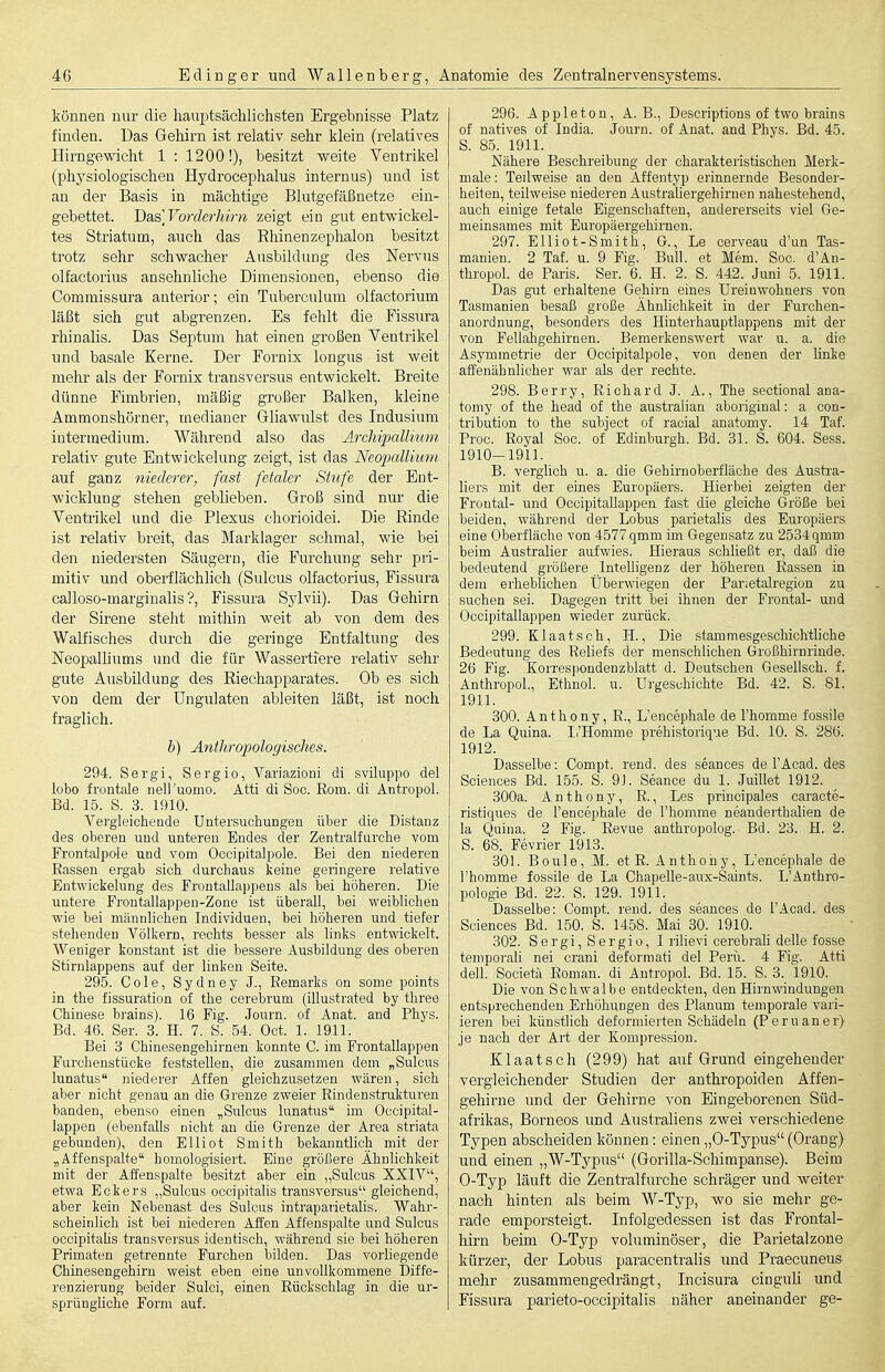 können nur die hauptsächlichsten Ergebnisse Platz finden. Das Gehirn ist relativ sehr klein (relatives Hirngewicht 1:1200!), besitzt weite Ventrikel (physiologischen Hydrocephalus internus) und ist an der Basis in mächtige Blutgefäßnetze ein- gebettet. Y)a,&Vorclerlmii zeigt ein gut entwickel- tes Striatum, auch das Ehinenzephalon besitzt trotz sehr schwacher Ausbildung des Nervus olfactorius ansehnliche Dimensionen, ebenso die Commissura anterior; ein Tuberculum olfactorium läßt sich gut abgrenzen. Es fehlt die Fissura rhinalis. Das Septum hat einen großen Ventrikel und basale Kerne. Der Fornix longus ist weit mehr als der Fornix transversus entwickelt. Breite dünne Fimbrien, mäßig großer Balken, kleine Ammonshörner, medianer Gliawulst des Indusium intermedium. Während also das Archipallmm relativ gute Entwickelung zeigt, ist das Neopallium auf ganz niederer, fast fetaler Stufe der Ent- wicklung stehen geblieben. Groß sind nur die Ventrikel und die Plexus cliorioidei. Die Rinde ist relativ breit, das Marklager schmal, wie bei den niedersten Säugern, die Furchung sehr pri- mitiv und oberflächlich (Sulcus olfactorius, Fissura calloso-marginalis ?, Fissura Sylvii). Das Gehirn der Sirene steht mithin weit ab von dem des Waliisches durch die geringe Entfaltung des Neopalliums und die für Wassertiere relativ sehr gute Ausbildung des Riechapparates. Ob es sich von dem der Dngulaten ableiten läßt, ist noch fraglich. h) Anthropologisches. 294. Sergi, Sergio, Variazioni di sviluppo del lobo frontale iiell'uomo. Atti di Soc. Rom. di Antropol. Bd. 15. S. 3. 1910. Vergleichende Untersuchungen über die Distanz des oberen und unteren Endes der Zentralfurcbe vom Frontalpole und vom Occipitalpole. Bei den niederen Rassen ergab sich durchaus keine geringere i'elative Entwickelung des Frontallappens als bei höheren. Die untere Frontallappen-Zone ist überall, bei weiblichen wie bei männhclien Individuen, bei höheren und tiefer stehenden Völkern, rechts besser als links entwickelt. Weniger konstant ist die bessere Ausbildung des oberen Stirnlappens auf der linken Seite. 295. Cole, Sydney J., Remarks on some points in the fissuration of the cerebrum (illustrated by three Chinese brains). 16 Fig. Journ. of Anat. and Phys. Bd. 46. Ser. 3. H. 7. S. 54. Oct. 1. 1911. Bei 3 Chinesengehirnen konnte C. im Frontallappen Furchenstücke feststellen, die zusammen dem „Sulcus lunatus niederer Affen gleichzusetzen wären, sich aber nicht genau an die Grenze zweier Rindenstrukturen banden, ebenso einen „Sulcus lunatus im Oecipital- lappen (ebenfalls nicht an die Grenze der Area striata gebunden), den Elliot Smith bekanntlich mit der „ Affenspalte homologisiert. Eine größere Ähnlichkeit mit der Affenspalte besitzt aber ein „Sulcus XXIV, etwa Eckers „Sulcus occipitalis transversus gleichend, aber kein Nebenast des Sulcus intraparietalis. Wahr- scheinlich ist bei niederen Ailen Affenspalte und Sulcus occipitalis transversus identisch, während sie bei höheren Primaten getrennte Furchen bilden. Das vorhegende Chinesengehirn weist eben eine unvollkommene Diffe- renzierung beider Sulci, einen Rückschlag in die ur- sprüngliche Form auf. 296. Apple ton, A.B., Descriptions of two brains of natives of India. Journ. of Anat. and Phvs. Bd. 45. S. 85. 1911. Nähere Beschreibung der charakteristischen Merk- male: Teilweise an den Affentyp erinnernde Besonder- heiten, teilweise niederen AustraUergehirnen nahestehend, auch einige fetale Eigenschaften, andererseits viel Ge- meinsames mit Europäergehirnen. 297. Elliot-Smith, G., Le cerveau d'un Tas- manien. 2 Taf. u. 9 Fig. Bull, et Mem. Soc. d'An- tbi-opol. de Paris. Ser. 6. H. 2. S. 442. Juni 5. 1911. Das gut erhaltene Gehirn eines Ureinwohners von Tasmanien besaß große Ähnhchkeit in der Furchen- anordnung, besonders des Hinterhauptlappens mit der von Fellahgehirnen. Bemerkenswert war u. a. die Asymmetrie der Occipitalpole, von denen der hnke affenähnlicher war als der rechte. 298. Berry, Richard J. A., The sectional ana- tomy of the head of the austraban aboriginal: a con- tribution to the subject of racial anatomy. 14 Taf. Proc. Royal Soc. of Edinburgh. Bd. 31. S. 604. Sess. 1910-1911. B. verglich ii. a. die Gehirnoberfläche des Austra- liers mit der eines Europäers. Hierbei zeigten der Frontal- und Occipitallappen fast die gleiche Größe bei beiden, während der Lobus parietalis des Europäers eine Oberfläche von 4577qmm im Gegensatz zu 2534qmm beim Australier aufwies. Hieraus schheßt er, daß die bedeutend größere Intehigenz der höheren Rassen in dem erheblichen Überwiegen der Parietalregion zu suchen sei. Dagegen tritt bei ihnen der Frontal- und Occipitallappen wieder zurück. 299. Klaatsch, H., Die stammesgeschichthche Bedeutung des Reliefs der menschüchen Großhirnrinde. 26 Fig. Korrespondenzblatt d. Deutschen Gesellsch. f. Anthropol., Ethnol. u. Urgeschichte Bd. 42. S. 81. 1911. 300. Anthony, R., L'encephale de l'homme fossile de La Quina. Ii'Homme prehistorique Bd. 10. S. 286. 1912. Dasselbe: Compt. rend. des seances de l'Acad. des Sciences Bd. 155. S. 9J. Seance du 1. Juillet 1912. 300a. Anthony, R., Les principales caracte- ristiques de l'encephale de l'homme neanderthaben de la Quina. 2 Fig. Revue anthropolog. Bd. 23. H. 2. S. 68. Fevrier 1913. 301. Beule, M. et R.Anthony, L'encephale de l'homme fossile de La Chapelle-aux-Saints. L'Anthro- pologie Bd. 22. S. 129. 1911. Dasselbe: Compt. rend. des seances de l'Acad. des Sciences Bd. 150. S. 1458. Mai 30. 1910. 302. Sergi, Sergio, I rilievi cerebrah delle fosse temporali nei crani deformati del Peru. 4 Fig. Atti delL Societä Roman, di Antropol. Bd. 15. S. 3. 1910. Die von Schwalbe entdeckten, den Hirnwindungen entsprechenden Erhöhungen des Planum temporale vari- ieren bei künstlich deformierten Schädeln (Peruaner) je nach der Art der Kompression. Klaatsch (299) hat auf Grund eingehender vergleichender Studien der anthropoiden Affen- gehirne und der Gehirne von Eingeborenen Süd- afrikas, Borneos und Australiens zwei verschiedene Typen abscheiden können: einen „0-Typus (Orang) und einen „W-Typus (Gorilla-Schimpanse). Beim 0-Typ läuft die Zentralfurche schräger und weiter nach hinten als beim W-Typ, wo sie mehr ge- rade emporsteigt. Infolgedessen ist das Frontal- hirn beim 0-Typ voluminöser, die Parietalzone kürzer, der Lobus paracentralis und Praecuneus mehr zusammengedrängt, Incisura cinguli und Fissura parieto-occipitalis näher aneinander ge-