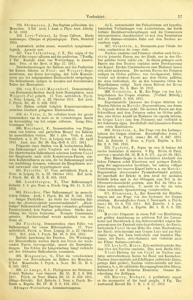 355. Shimazono, J., Das Septum pellucidum des MeDSchen. 3 Taf. Arcli. f. Anat. u. Phys. Anat. Abteiig. S. 55. 1912. 356. Levi-Valensi, Le Corps Calleux. Etüde anatomique, Clinique et physiologique. Paris, Steinheil 1910. Anatomisch nichts neues, wesentlich symptomato- logisch. Apraxie usw. 357. Van Valkeuburg, CT., The origin of the fibres of the corpus callosum and the psalterium. 7 Textfig. 2 Taf. Koninkl. Akad. van Wetenschapp. te Amster- dam. Proc. of the Meet. of May 27. 1911. Durchschneidungen des Balkens und des Psalterium bei Katzen führten zu Nissl- und Weigert-Dege- nerationen, aus denen hervorging, daß beide Kommis- suren aus der subgranulären Eindenschicht entspringen. Die Balkenfasern endigen in dorsalen und dorsolateralen Teilen der Hemisphäre. 358. von Niessl-Mayendorf, Demonstration von Horizontalschnitten durch beide Hemisphären, nach Weigert-Pal gefärbt. 17. Vers, mitteldtsch. Psych, u. Neui. Leipzig, 21. u. 22. Oktober 1911. Ref. Arch. f. Psych. Bd. 49. S. 656. 1912. Der Balken enthält lediglich Kommissurenfasern zwischen identisch gelegenen Kindenstellen. 359. de Vries, J., De cellulaire bouw der groote hersenschors van de muis en de veranderingen daarin na doorsnijding van het corpus callosum. Inaug.-Diss. Groningen 1911. 360. Marc band, F.. Demonstration von Präpa- raten von totalem und partiellem Mangel des Balkens im menschlichen Gehirn. Mit 1 Abb. Verh. d. Anat. Gesellsch. a. d. 25. Vers, in Leipzig vom 23.—26. April 1911. Anat. Anz. Bd. 38. Erg.-Heft S. 217. 1911. Präparate eines fünften von M. beobachteten Falles von Balkenmangel sowie Vergleich mit den früheren. Die übertretenden Balkenfasern scheinen konform Ca j al der Hauptsache nach nicht Kommissuren-Fasern, son- dern Kollateralfasern zu sein, die bei Balkenmangel nicht zur Ausbildung kommen, während die Hauptfasern nor- mal entwickelt oder hypertrophiert sind. 361. Derselbe. 17. Vers, mitteldtsch. Psych, u. Neur. in Leipzig 21. u. 22. Oktober 1911. Ref. Arch. f. Psych. Bd. 49. H. 2. S. 655. 1912. 362. Landsbergen, F., Über Balkenmangel- Zeitschr. f. d. ges. Neur. u. Psxch. Orig. Bd. 11. S. 515. 1912. 363. Stoecker, Über Balkenmangel im mensch- lichen Gehirn. Arch. f. Psych. Bd. 50. S. 543. 1912. Junger Paralytiker. An Stelle des fehlenden Bal- kens das „froutooccipitale Assoziationsbündel. „Rück- läufige Balkenschicht und Tapetum vorhanden; getrennte Fornixschenkel, kein Septum pellucidum. Starke Aus- bildung des Gyrus fornicatus. Nomale Commissura anterior. Furchenverlauf weicht mehrfach von der Norm ab. 364 Flechsig, Demonstration eines Falles von Balkenmangel bei einem Mikrozephalen. 17. Vers, mitteldtsch. Psych, u. Neur. Leipzig 21. u. 22. Oktober 1911. Ref. Arch. f. Psych. Bd. 49. S. 656. 1912. Radiale Anordnung der Furchen. Die Windungen der Hirnoberfläche werden durch den Druck der wach- senden Fasern hervorgestülpt, zuerst die Zentralwin- dungen. Das Fehlen der Längswindung hängt vielleicht mit den fehlenden Balkenfasern zusammen. 365. Mingazzini, G., Über die verschiedenen Svsteme von Nervenfasern im Balken des Menschen. 2 Taf. Monatsschr. f. Psych, u. Nbur. Bd. 31. H. 6. S. 505. 1912. 366. de Lange, S. J., Phylogenese des Striatums. Nederl. Tijdschr. voor Geneesk. Bd. 55. H. 2. S. 906. 1911. Psych, en Neur. Bladen Bd. 15. S. 453. 1911. (Sitzgs.-Bericht). Ref. Zeitschr. f. Neur. u. Psych. Re- ferate u. Ergebn. Bd. IV. H. 2. S. 118. 1911. Edinger-Wallenberg', Zentralnervensystem. deL. imterscheidet das Paläostriatura mit hypotha- lamischen Verbindungen vom Archistriatum, das durch tertiäre Riechfaserverknüpfungen und die Commissura interepistriatica charakterisiert ist und dem Neostriatum mit der thalamo-striatalen Bahn und dem Nucleus ac- cumbens septi. 367. Grinste in, A., Documents pour l'etude des voies conductrices du corps strie. Nucleus caudatus und Putamen erhalten nach Grin - stein keinerlei Fasern aus der Rinde, nur in den Glo- bus pallidus treten solche ein. In diesen gelangen auch Fasern aus dem Nucleus caudatus unter Durchquerung der Kapsel. Direkte Caudatusfasern zum Thalamus lassen sich nicht nachweisen. Die meisten Fasern des Putamen endigen im Globus pallidus; was durchpassiert, bildet, vereint mit direkten Fasern aus dem Globus pallidus, die Ansa lenticularis, die an den bekannten Orten des Hypothalamus endigt. Nach einem Referat der Revue Neurologique. Nr. 6. Mars 30. 1912. 368. Grinstein, A. M., Zur Frage von den Lei- tungsbahnen des Corpus sti'iatum. [Vorlauf. Mitteilg.] Neur. Zentralbl. S. 659. 1911. Experimentelle Läsionen des Corpus striatum bei Hunden führten zu Marchi-Degenerationen, aus denen G. folgende Schlüsse zieht: Die meisten Fasern aus dem Schweifkern und dem Putamen enden im Globus palli- dus, eine kleine Anzahl im Thalamus via Capsula interna, mi Corpus Luys (aus dem Piitamen) und vielleicht in der Substantia nigra. Zweifelhaft sind Linsenkern-Fasern zum roten Haubenkern. 369. Grinstein, A., Zur Frage von den Leitungs- bahnen des Corpus sti'iatum. Korsakoffschea Journ. f. Neuropathol. u. Psych, (russ.) Bd. 10. S. 947. 1911. Ref. in Zeitschr. f. Neur. u. Psych. Ergebn. u. Ref. Bd. 2. S. 786. 1910. 370. Ugolotti, F., Sopra un caso di lesione del nucleo lenticulare di sinistra. 6 Fig. Rivist. di Patol. nervosa e mentale Bd. 16. H. 8. S. 471. Agosto 19. 1911- Eine Hämorrhagie in den kaudalsten Abschnitt des. linken Putamen nebst Klaustrum und geringer Beteili- gung der angrenzenden Inselrinde, bei nahezu völliger Verschonung der inneren Kapsel hatte u. a. zur Marchi - Degeneration aberrierender Pyramidenbündel geführt,, die innerhalb der Brücke in dem Areal der medialen Schleife liefen und in der Oblongata zum Teil in die Olivenzwischenschicht gerieten, zum Teil die Oliva in- ferior außen umkreisten. IT. macht sie für die intra vitam bestehende Sprachstörung verantwortlich. 371. Blumenau, L., Zur Kasuistik der Hirnblu- tungen und zur Frage von den Systemen des Corpus, striatum. Eorsakoffsches Journ. f. Neuropath. u. Psych. (rass.) Bd. 10. S. 753. 1911. Ref. Zeitschr. f. d. ges. Neur. u. Psych. Ref. u. Ergebn. Bd. 3. H. 6. S. 525.. 1911. M archi-Präparate in einem Fall von Hirnblutung mit größter Ausdehnung im mittleren Teil des Linsen- kerns und Durchbruch in den Seitenventrikel zeigten De- generationen der Fasciculi strio-hypothalamici, des Fascic. lenticularis Forel bis zur Höhe des roten Haubenkerns^ der Fascic. strio-luysiani zum Corpus Luys und zur Sub- stantia nigra, der Ansa lenticularis zum kaudalen Tha- lamus, der Fascic. strio-thalamici und vielleicht aucli der Fibrae thalamo-corticales. 372. Leyboff,Moses, Zyto-architektonische Stu- dien über den Nucleus caudatus. Diss. med. Berlin 191L N issl-Färbung der von Cajal im Nucleus cau- datus unterschiedenen Kerne bei Hund mid Kaninchen: Nucleus dorso-medialis mit 2 Zelltypen (zahlreiche kleine^ geringe Zahl großer), Nucleus ventro-laterahs mit Sub- nucleus a, b, c, die zahlreiche Riesenganglienzellen führen, Subnucleus d mit kleinsten Elementen. Genaue Be- schreibung der Zelltypen. 373. Harvey, Richard, A preliminary report on the asymmetry of the basal ganglia. 6 Fig. The Anatomical Eecord Bd. 7. H. 1. S. 17. 1913. 8