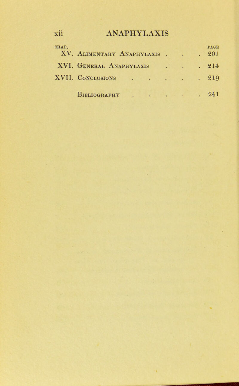 CHAP. XV. Alimentary Anaphylaxis . XVI. General Anaphylaxis XVII. Conclusions Bibliography