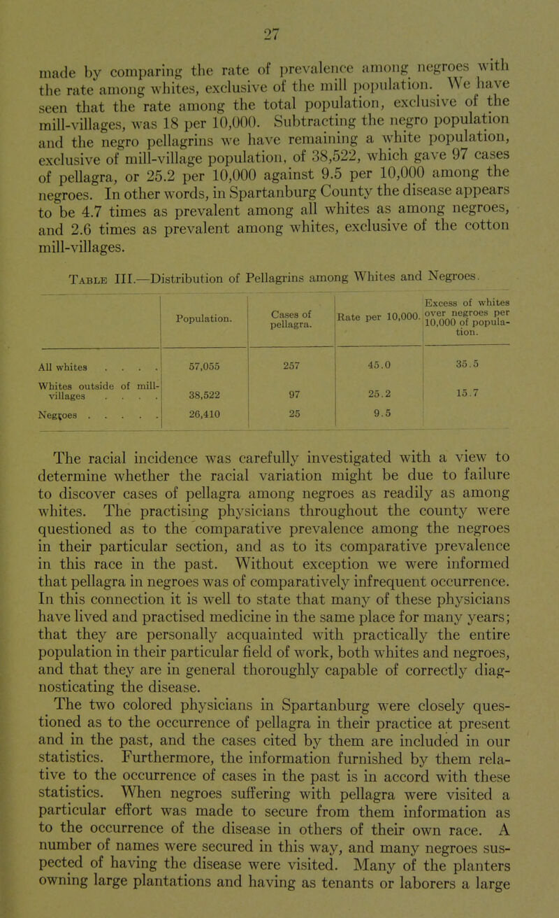 made by comparin<^ the rate of prevalence among negroes with the rate among whites, exclusive of the mill population. We have seen that the rate among the total population, exclusive of the mill-villages, was 18 per 10,000. Subtracting the negro population and the negro pellagrins we have remaining a white population, exclusive of mill-village population, of 38,522, which gave 97 cases of pellagra, or 25.2 per 10,000 against 9.5 per 10,000 among the negroes. In other words, in Spartanburg County the disease appears to be 4.7 times as prevalent among all whites as among negroes, and 2.6 times as prevalent among whites, exclusive of the cotton mill-villages. Table III.—Distribution of Pellagrins among Whites and Negroes. Population. Cases of pellagra. Rate per 10,000. Excess of whites over negroes per 10,000 of popula- tion. All whites .... 57,055 257 45 0 35.5 Whites outside of mill- villages .... 38.522 97 25 2 15.7 26,410 25 9 5 The racial incidence was carefully investigated with a view to determine whether the racial variation might be due to failure to discover cases of pellagra among negroes as readily as among whites. The practising physicians throughout the county were questioned as to the comparative prevalence among the negroes in their particular section, and as to its comparative prevalence in this race in the past. Without exception we were informed that pellagra in negroes was of comparatively infrequent occurrence. In this connection it is well to state that many of these physicians have lived and practised medicine in the same place for many years; that they are personally acquainted with practically the entire population in their particular field of work, both whites and negroes, and that they are in general thoroughly capable of correctly diag- nosticating the disease. The two colored physicians in Spartanburg were closely ques- tioned as to the occurrence of pellagra in their practice at present and in the past, and the cases cited by them are included in our statistics. Furthermore, the information furnished by them rela- tive to the occurrence of cases in the past is in accord with these statistics. When negroes suffering with pellagra were visited a particular effort was made to secure from them information as to the occurrence of the disease in others of their own race. A number of names were secured in this way, and many negroes sus- pected of having the disease were visited. Many of the planters owning large plantations and having as tenants or laborers a large