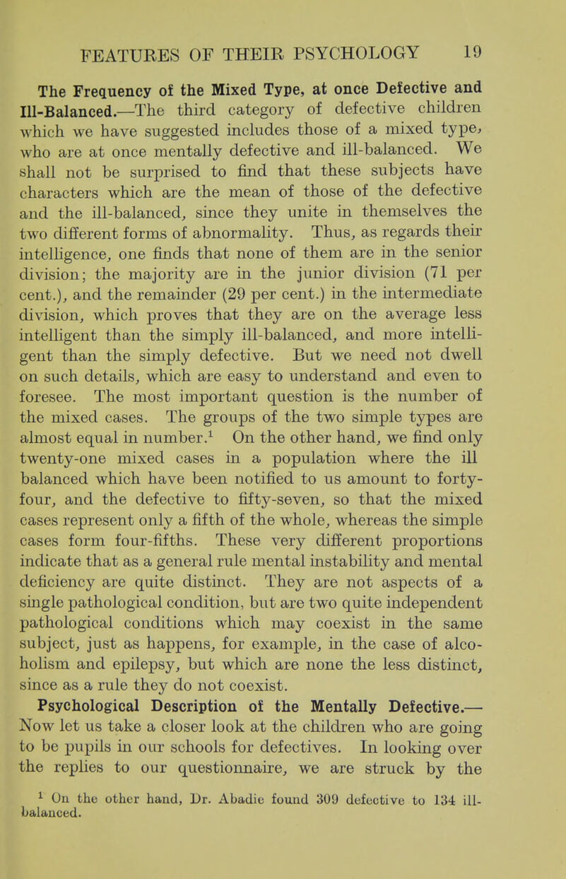 The Frequency of the Mixed Type, at once Defective and Ill-Balanced—The third category of defective children which we have suggested includes those of a mixed type, who are at once mentally defective and ill-balanced. We shall not be surprised to find that these subjects have characters which are the mean of those of the defective and the ill-balanced, since they unite in themselves the tw^o different forms of abnormality. Thus, as regards their intelhgence, one finds that none of them are in the senior division; the majority are in the junior division (71 per cent.), and the remainder (29 per cent.) in the intermediate division, which proves that they are on the average less intelligent than the simply ill-balanced, and more intelli- gent than the simply defective. But we need not dwell on such details, which are easy to understand and even to foresee. The most important question is the number of the mixed cases. The groups of the two simple types are almost equal in number.^ On the other hand, we find only twenty-one mixed cases in a population where the ill balanced which have been notified to us amount to forty- four, and the defective to fifty-seven, so that the mixed cases represent only a fifth of the whole, whereas the simple cases form four-fifths. These very different proportions indicate that as a general rule mental instability and mental deficiency are quite distinct. They are not aspects of a single pathological condition, but are two quite independent pathological conditions w^hich may coexist in the same subject, just as happens, for example, in the case of alco- holism and epilepsy, but which are none the less distinct, since as a rule they do not coexist. Psychological Description of the Mentally Defective.— Now let us take a closer look at the children who are going to be pupils in our schools for defectives. In looking over the replies to our questioimaire, we are struck by the ^ On the other hand, Dr. Abadie found 309 defective to 134 ill- balanced.