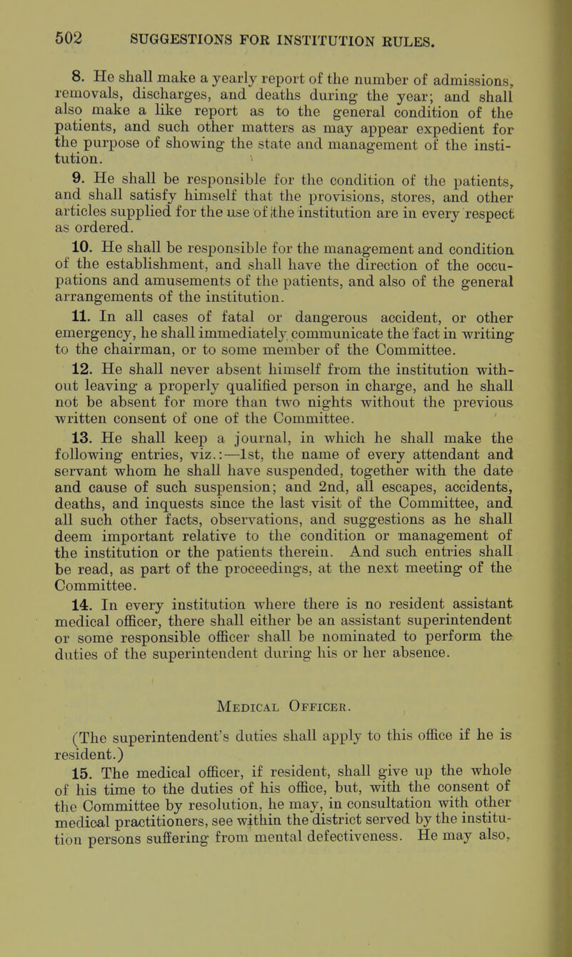 8. He shall make a yearly report of the number of admissions, removals, discharges, and deaths during the year; and shall also make a like report as to the general condition of the patients, and such other matters as may appear expedient for the purpose of showing the state and management of the insti- tution. 9. He shall be responsible for the condition of the patients, and shall satisfy himself that the provisions, stores, and other articles supplied for the use of ithe institution are in every respect as ordered. 10. He shall be responsible for the management and condition of the establishment, and shall have the direction of the occu- pations and amusements of the patients, and also of the general arrangements of the institution. 11. In all cases of fatal or dangerous accident, or other emergency, he shall immediatel}^ communicate the fact in writing to the chairman, or to some member of the Committee. 12. He shall never absent himself from the institution with- out leaving a properly qualified person in charge, and he shall not be absent for more than two nights without the previous written consent of one of the Committee. 13. He shall keep a journal, in which he shall make the following entries, viz.:—1st, the name of every attendant and servant whom he shall have suspended, together with the date and cause of such suspension; and 2nd, all escapes, accidents, deaths, and inquests since the last visit of the Committee, and all such other facts, observations, and suggestions as he shall deem important relative to the condition or management of the institution or the patients therein. And such entries shall be read, as part of the proceedings, at the next meeting of the Committee. 14. In every institution where there is no resident assistant medical oflficer, there shall either be an assistant superintendent or some responsible officer shall be nominated to perform the duties of the superintendent during his or her absence. Medical Officer. (The superintendent's duties shall apply to this office if he is resident.) 15. The medical officer, if resident, shall give up the whole of his time to the duties of his office, but, with the consent of the Committee by resolution, he may, in consultation with other medical practitioners, see within the district served by the institu- tion persons suffering from mental defectiveness. He may also.