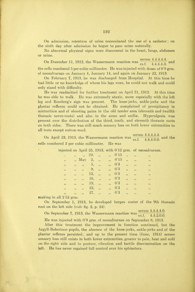 On admission, retention of urine necessitated the use of a catheter; on the sixth day after admission he began to pass urine naturally. No abnormal physical signs were discovered in the heart, lungs, abdomen or urine. On December 11, 1912, the Wassermann reaction was serum 4.4.4.4.4. and cs.f. 4.4.4.4.3. the cells numbered 5 per cubic millimetre. He was injected with doses of 0'9 grm. of neosalvai'san on January 4, January 14, and again on January 22, 1913. On February 7, 1913, he was discharged from Hospital. At this time he had little or no knowledge of where his legs were, he could not walk and could only stand with difficulty. He was readmitted for further treatment on April 21, 1913. At this time he was able to walk. He was extremely ataxic, more especially with the left leg and Eomberg's sign was present. The knee-jerks, ankle-jerks and the plantar reflexes could not be obtained. He complained of precipitancy in micturition and of shooting pains in the old tender area (eleventh and twelfth thoracic nerve-roots) and also in the arms and axillee. Hyperalgesia was present over the distribution of the third, tenth, and eleventh thoracic roots on both sides. There was still much sensory loss on both lower extremities to all tests except cotton-wool. On April 23, 1913, the Wassermann reaction was cells numbered 3 per cubic millimetre. He was serum 4.4.4.4.4. cs.f. 4.4.4.0.0. and the injected on April 25, 1913, with 012 grm. of neosalvarsan. „ 29, „ May 2, „ „ 5, „ „ 9, „ „ 13, „ „ 16, „ „ 19, „ „ 23, „ „ 27, making in all 2'52 grm. On September 1, 1913, he developed root on the left side {vide fig. 2, p. 24). 015 015 03 03 0-3 0'3 03 0'3 0^3 herpes zoster of the 9th thoracic On September 7, 1913, the Wassermann reaction was serum 4.4.4.4.0. the cs.f. 4.4.2.0.0, He was injected with 0'9 grm. of neosalvarsan on September 8, 1913. After this treatment the improvement in function continued, but Argyll-Eobertson pupils, the absence of the knee-jerks, ankle-jerks and of the plantar reflexes persisted; and up to the present time (June, 1914) severe sensory loss still exists in both lower extremities, greater to pain, heat and cold on the right side and to posture, vibration and tactile discrimination on the left. He has never regained full control over his sphincters.