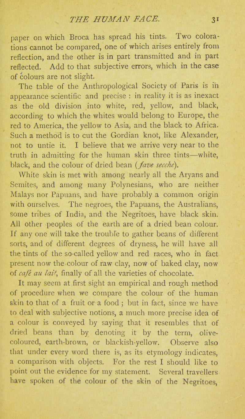 paper on which Broca has spread his tints. Two colora- tions cannot be compared, one of which arises entirely from reflection, and the other is in part transmitted and in part reflected. Add to that subjective errors, which in the case of colours are not slight. The table of the Anthropological Society of Paris is in appearance scientific and precise : in reality it is as inexact as the old division into white, red, yellow, and black, according to which the whites would belong to Europe, the red to America, the yellow to Asia, and the black to Africa. Such a method is to cut the Gordian knot, like Alexander, not to untie it. I believe that we arrive very near to the truth in admitting for the human skin three tints—white, black, and the colour of dried bean (^fave secche). White skin is met with among nearly all the Aryans and Semites, and among many Polynesians, who are neither Malays nor Papuans, and have probably a common origin with ourselves. The negroes, the Papuans, the Australians, some tribes of India, and the Negritoes, have black skin. All other peoples of the earth are of a dried bean colour. If any one will take the troubFe to gather beans of different sorts, and of different degrees of dryness, he will have all the tints of the so-called yellow and red races, who in fact present now the colour of raw clay, now of baked clay, now of cafe au lai^^ finally of all the varieties of chocolate. It may seem at first sight an empirical and rough method of procedure when we compare the colour of the human skin to that of a fruit or a food ; but in fact, since we have to deal with subjective notions, a much more precise idea of a colour is conveyed by saying that it resembles that of dried beans than by denoting it by the term, olive- coloured, earth-brown, or blackish-yellow. Observe also that under every word there is, as its etymology indicates, a comparison with objects. For the rest I should like to point out the evidence for my statement. Several travellers have spoken of the colour of the skin of the Negritoes,