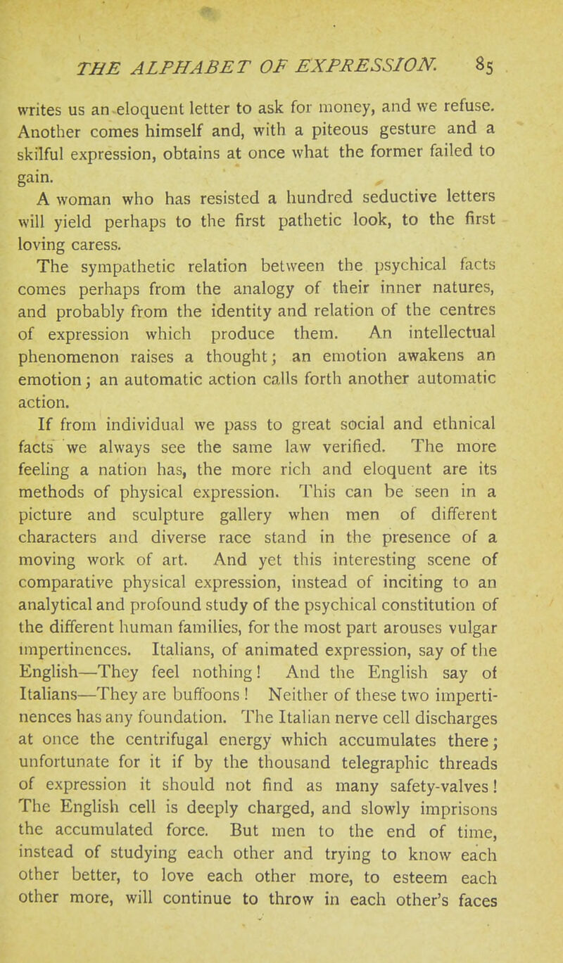 writes us an-eloquent letter to ask for money, and we refuse. Another comes himself and, with a piteous gesture and a skilful expression, obtains at once what the former failed to gain. A woman who has resisted a hundred seductive letters will yield perhaps to the first pathetic look, to the first loving caress. The sympathetic relation between the psychical facts comes perhaps from the analogy of their inner natures, and probably from the identity and relation of the centres of expression which produce them. An intellectual phenomenon raises a thought; an emotion awakens an emotion; an automatic action calls forth another automatic action. If from individual we pass to great social and ethnical facts we always see the same law verified. The more feeling a nation has, the more rich and eloquent are its methods of physical expression. This can be seen in a picture and sculpture gallery when men of different characters and diverse race stand in the presence of a moving work of art. And yet this interesting scene of comparative physical expression, instead of inciting to an analytical and profound study of the psychical constitution of the different human families, for the most part arouses vulgar impertinences. ItaUans, of animated expression, say of the English—They feel nothing! And the English say of Italians—They are bufifoons ! Neither of these two imperti- nences has any foundation. The Italian nerve cell discharges at once the centrifugal energy which accumulates there; unfortunate for it if by the thousand telegraphic threads of expression it should not find as many safety-valves! The English cell is deeply charged, and slowly imprisons the accumulated force. But men to the end of time, instead of studying each other and trying to know eaich other better, to love each other more, to esteem each other more, will continue to throw in each other's faces