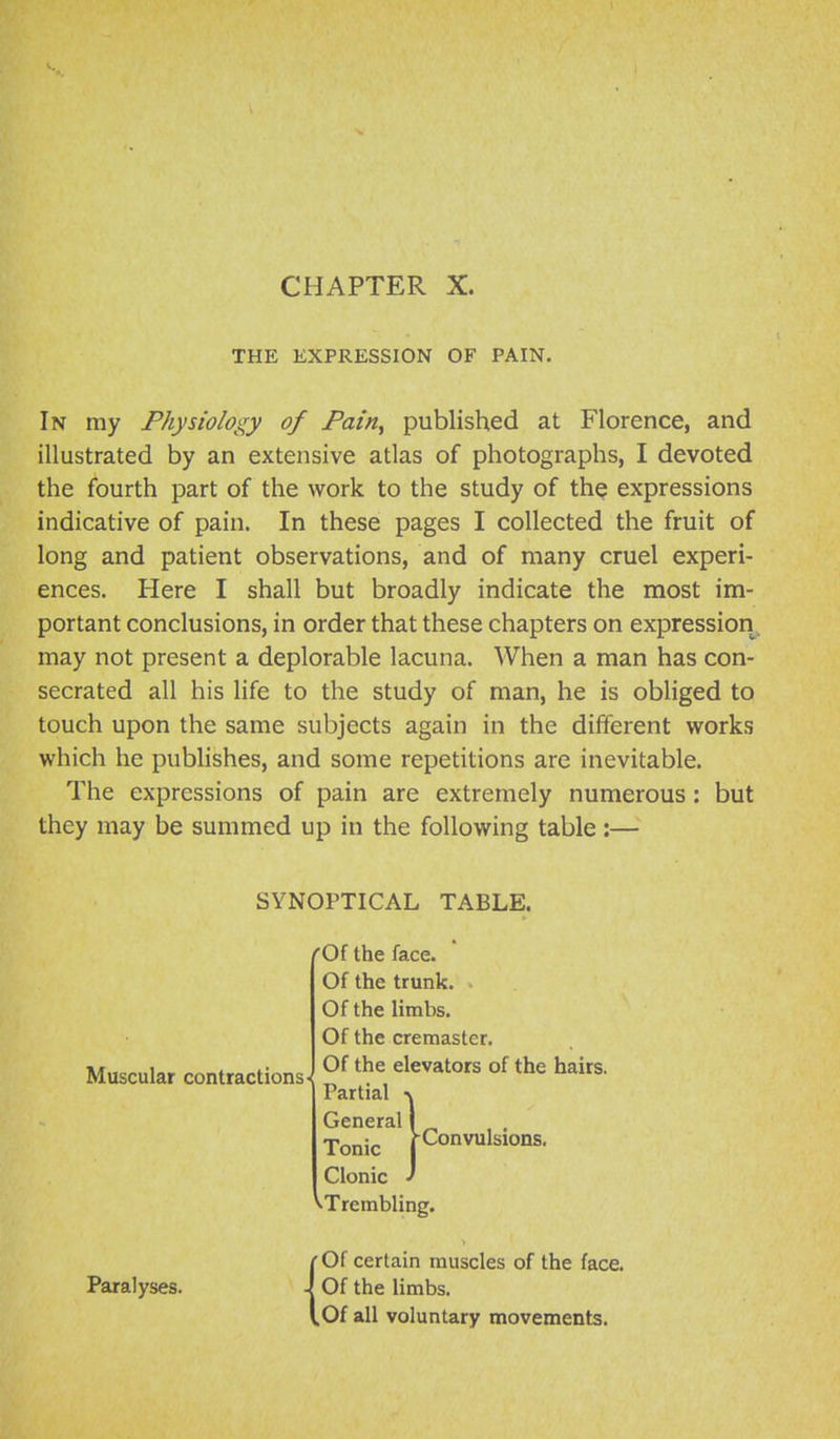 CHAPTER X. THE EXPRESSION OF PAIN. In my Physiology of Pain^ published at Florence, and illustrated by an extensive atlas of photographs, I devoted the fourth part of the work to the study of the expressions indicative of pain. In these pages I collected the fruit of long and patient observations, and of many cruel experi- ences. Here I shall but broadly indicate the most im- portant conclusions, in order that these chapters on expression, may not present a deplorable lacuna. When a man has con- secrated all his hfe to the study of man, he is obliged to touch upon the same subjects again in the different works which he publishes, and some repetitions are inevitable. The expressions of pain are extremely numerous : but they may be summed up in the following table :— SYNOPTICAL TABLE. Muscular contractions (01 the face. Of the trunk. . Of the limbs. Of the cremaster. Of the elevators of the hairs. Partial ^ General Tonic Clonic V^Trembling ■Convulsions. Paralyses. { Of certain muscles of the face. Of the limbs. Of all voluntary movements.