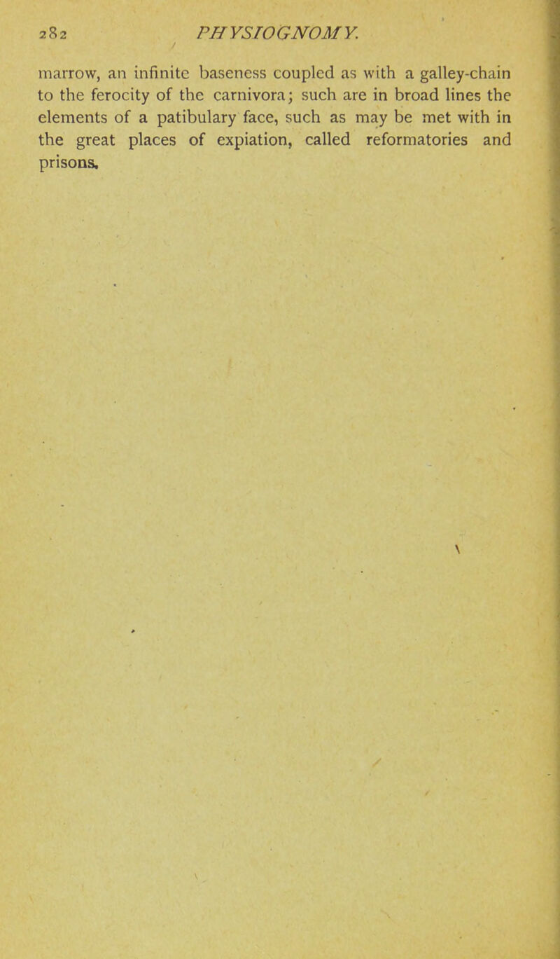 marrow, an infinite baseness coupled as with a galley-chain to the ferocity of the carnivora; such are in broad lines the elements of a patibulary face, such as may be met with in the great places of expiation, called reformatories and prisons.