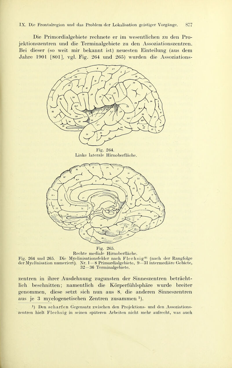 Die Primordialgebiete rechnete er im wesentlichen zu den Pro- jektionszentren und die Terminalgebiete zu den Assoziationszentren. Bei dieser (so weit mir bekannt ist) neuesten Einteilung (aus dem Jahre 1901 [801], vgl. Fig. 264 und 265) wurden die Assoziations- Fig. 264. Linke laterale Hirnoberfläche. Fig. 265. Rechte mediale Hirnoberfläche. Fig. 264 und 265. Die Myelinisationsfeider nach Flechsig^ (nach der Rangfolge der Myelinisation numeriert). Nr. 1 — 8 Primordialgebiete, 9—31 intermediäre Gebiete, 32—36 Terminalgebiete. Zentren in ihrer Ausdehnung zugunsten der Sinneszentren beträcht- lich beschnitten; namentlich die Körperfühlsphäre wurde breiter genommen, diese setzt sich nun aus 8, die anderen Sinneszentren aus je 3 myelogenetischen Zentren zusammen ^). ^) Den scharfen Gegensatz zwischen den Projektions- und den Assoziations- zentren hielt Flechsig in seinen späteren Arbeiten nicht mehr aufrecht, was auch