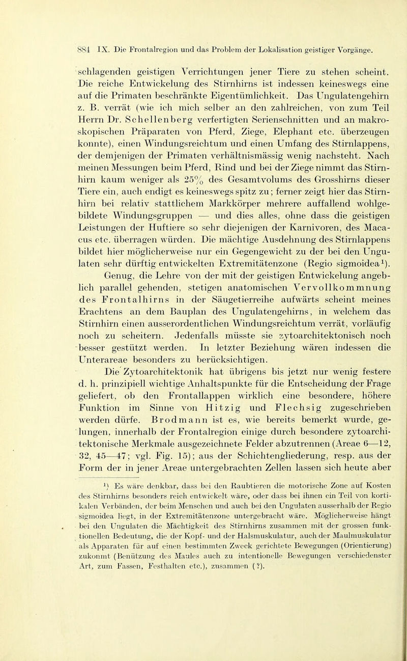'schlagenden geistigen Verrichtungen jener Tiere zu stehen scheint. Die reiche Entwickelung des Stirnliirns ist indessen keineswegs eine auf die Primaten beschränkte Eigentümhchkeit. Das Ungulatengehirn z. B. verrät (wie ich mich selber an den zahlreichen, von zum Teil Herrn Dr. Schellenberg verfertigten Serienschnitten und an makro- skopischen Präparaten von Pferd, Ziege, Elephant etc. überzeugen konnte), einen Windungsreichtum und einen Umfang des Stirnlappens, der demjenigen der Primaten verhältnismässig wenig nachsteht. Nach meinen Messungen beim Pferd, Rind und bei der Ziege nimmt das Stirn- hirn kaum weniger als 25% des Gesamtvolums des Grosshirns dieser Tiere ein, auch endigt es keineswegs spitz zu; ferner zeigt hier das Stirn- hirn bei relativ stattlichem Markkörper mehrere auffallend wohlge- bildete Windungsgruppen — und dies alles, ohne dass die geistigen Leistungen der Huftiere so sehr diejenigen der Karnivoren, des Maca- cus etc. überragen würden. Die mächtige Ausdehnung des Stirnlappens bildet hier möglicherweise nur ein Gegengewicht zu der bei den Ungu- laten sehr dürftig entwickelten Extremitätenzone (Regio sigmoidea^). Genug, die Lehre von der mit der geistigen Entwickelung angeb- lich parallel gehenden, stetigen anatomischen Vervollkommnung des Frontalhirns in der Säugetierreihe aufwärts scheint meines Erachtens an dem Bauplan des LTngulatengehirns, in welchem das Stirnhirn einen ausserordentlichen Windixngsreichtum verrät, vorläufig noch zu scheitern. Jedenfalls müsste sie zytoarchitektonisch noch besser gestützt werden. Li letzter Beziehung wären indessen die Unterareae besonders zu berücksichtigen. Die Zytoarchitektonik hat übrigens bis jetzt nur wenig festere d. h. prinzipiell wichtige Anhaltspunkte für die Entscheidung der Frage geliefert, ob den Frontallappen wirklich eine besondere, höhere Funktion im Sinne von Hitzig und Flechsig zugeschrieben werden dürfe. Brodmann ist es, wie bereits bemerkt wurde, ge- lungen, innerhalb der Frontalregion einige durch besondere zytoarchi- tektonische Merkmale ausgezeichnete Felder abzutrennen (Areae 6—12, 32, 45—47; vgl. Fig. 15); aus der Schichtengliederung, resp. aus der Form der in jener Areae untergebrachten Zellen lassen sich heute aber ^) Es wäre denkbar, dass bei den Raubtieren die motorische Zone auf Kosten des Stirnhirns besonders reich entwickelt wäre, oder dass bei ihnen ein Teil von korti- kalen Verbänden, der beim Menschen und auch bei den Ungulaten ausserhalb der Regio sigmoidea liegt, in der Extremitätenzone untergebracht wäre. Möglicherweise hängt bei den Ungulaten die Mächtigkeit des Stirnhirns zusammen mit der grossen funk- tionellen Bedeutung, die der Kopf- imd der Halsmuskulatur, auch der Maulmuskulatur als Apparaten für auf einen bestimmten Zweck gerichtete Bewegungen (Orientierung) zukonmt (Benützung des Maules auch zu intentionelle Be\\-egungen verschiedenster Art, zum Fassen, Festhalten etc.), zusammen (?).