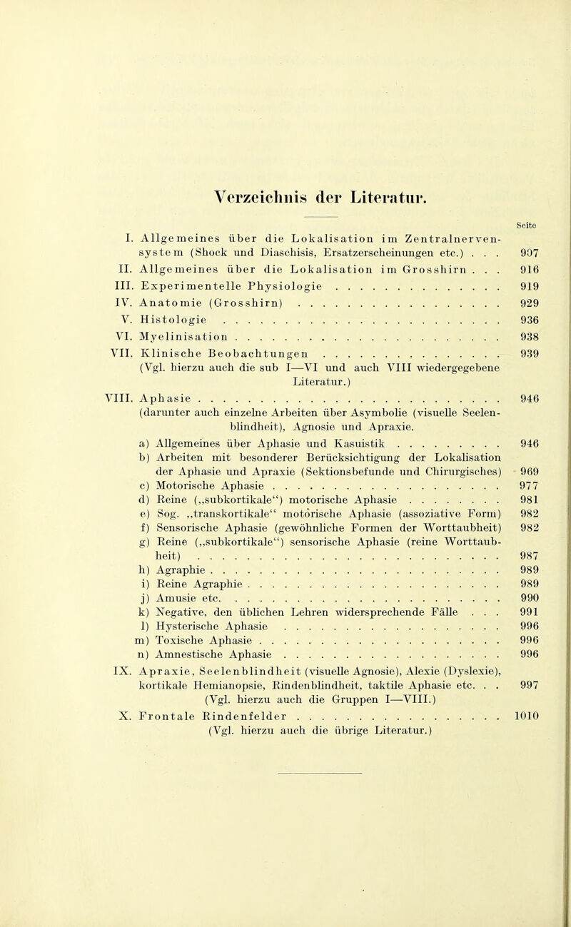 Verzeichnis der Literatur. Seite I. Allgemeines über die Lokalisation im Zentralnerven- system (Shock und Diaschisis, Ersatzerscheinungen etc.) . . . 907 II. Allgemeines über die Lokalisation im Grosshirn . . . 916 III. Experimentelle Physiologie 919 IV. Anatomie (Grosshirn) 929 V. Histologie 936 VI. Myelinisation 938 VII. Klinische Beobachtungen 939 (Vgl. hierzu auch die sub I—VI und auch VIII wiedergegebene Literatur.) VIII. Aphasie 946 (darunter auch einzelne Arbeiten über Asymbolie (visuelle Seelen- bhndheit), Agnosie und Apraxie. a) Allgemeines über Aphasie und Kasuistik 946 b) Arbeiten mit besonderer Berücksichtigung der Lokahsation der Aphasie und Apraxie (Sektionsbefunde und Chirurgisches) 969 c) Motorische Aphasie 977 d) Eeine („subkortikale) motorische Aphasie 981 e) Sog. „transkortikale motorische Aphasie (assoziative Form) 982 f) Sensorische Aphasie (gewöhnliche Formen der Worttaubheit) 982 g) Reine („subkortikale) sensorische Aphasie (reine Worttaub- heit) 987 h) Agraphie 989 i) Reine Agraphie 989 j) Amusie etc 990 k) Negative, den üblichen Lehren widersprechende Fälle ... 991 1) Hysterische Aphasie 996 m) Toxische Aphasie 996 n) Amnestische Aphasie . 996 IX. Apraxie, Seelenblindheit (visuelle Agnosie), Alexie (Dyslexie), kortikale Hemianopsie, Rindenbhndheit, taktile Aphasie etc. . . 997 (Vgl. hierzu auch die Gruppen I—VIII.) X. Frontale Rindenfelder 1010 (Vgl. hierzu auch die übrige Literatur.)