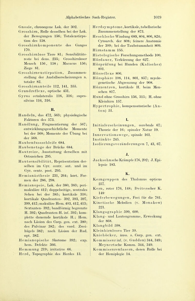 Gnosie, chronogene Lok. der 302. Grosshirn, Rolle desselben bei der Lok. der Bewegungen 156; Totalexstirpa- tion des 158. Grosshirnkomponente des Ganges 170. Grosshirnlose Tiere 81; Sensibihtäts- reste bei dens. 235; Grosshirnloser Mensch 156, 158; Macacus 156; Ziege 81. Grosshirnexstirpation, Zusammen- stellung der Ausfallserscheinungen n. totaler 82. Grosshirnanteile 112, 141, 355. Grundreflexe, optische 431. Gyrus ectolateralis 116, 316; supra- silvius 116, 316. H. Handeln, das 472, 563; physiologische Faktoren des 573. Handlung, Fragmentierung der 567; entwicklungsgeschichthche Momente bei der 568; Momente der Übung bei der 568. Haubenfussschleife 684. Haubenetage der Brücke 684. Hautreize, Ausstattung derselben mit Ortszeichen 295. Hautsensibilität, Repräsentation der- selben im Gyr. centr. ant. und im Gyr. centr. post. 295. Hemianästhesie 231, 264; kort. For- men der 286, 298. Hemianopsie, Lok. der 380, 383; peri- makuläre 412; doppelseitige, zentrales Sehen bei der 385; kortikale 316; kortikale Quadranten- 392, 393, 397, 399,412; makuläre Hem. 403, 412, 413; Sextanten- 392; bandförmig begrenzte H. 392; Quadranten-H. inf. 3'92; kom- plette dauernde kortikale H.; Hem. nach Läsion des Corp. gen. ext. 380; des Pulvinar 382; des vord. Zwei- hügels 382; nach Läsion der Rad. opt. 382. He mianopisclie Skotome 392; exp. hem. Defekte 366. Hemmung 219; irritative 66. Herd, Topographie des Herdes 13. Herdsymptome, kortikale, tabellarische Zusammenstellung der 873. HeschIsche Windung 689, 804, 806, 824; Cytoarch. der 808; feinere Anatomie der 309; bei der Taubstummheit 809. Hirnstamm 155. Histologische Forschungsmethode 100. Hördauer, Verkürzung der 627. Hörprüfung bei Hunden (Kalisclier) 801. Hörreflexe 806. Hörsphäre 108, 114, 801, 857; myelo- genetische Abgrenzung der 908. Hörzentren, kortikale H. beim Men- schen 817. Hund ohne Grosshirn 156, 315; H. ohne Kleinhirn 157. Hypertrophie, kompensatorische (An- ton) 51. I. Initialerscheinungen, cerebrale 67; Theorie der 16; spinaler Natur 19. Innervationswege, spinale 161. Instinkte 245. Isolierungsveränderungen 7, 43, 67. J. Jacksohn sehe Krämpfe 176, 202; J. Epi- lepsie 183. K. Kerngruppen des Thalamus opticus 257. Kern, roter 176, 148; Deiterscher K. 148- Kieferbewegungen, Foci für die 761. Kinetische Melodien (v. Monakow) 221. Klangagraphie 599, 600. Klang- und Lautengramme, Erweckung der 868. Klangbild 598. Kleinhirnloses Tier 50. Kniehöcker, äuss. s. Ciorp. gen. ext. Kommissur inf. (v. Gudden) 344, 349; Meynertsche Komm. 344, 349. Kommissurenfasern, deren Rolle bei der Hemiplegie 14.