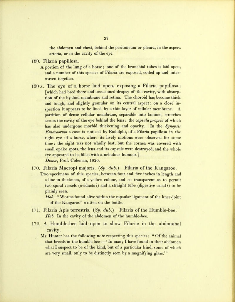 the abdomen and chest, behind the peritoneum or pleura, in the aspera arteria, or in the cavity of the eye. 169. Filaria papillosa. A portion of the lung of a horse; one of the bronchial tubes is laid open, and a number of this species of Filaria are exposed, coiled up and inter- woven together. 169A. The eye of a horse laid open, exposing a Filaria papillosa; [which had bred there and occasioned dropsy of the cavity, with absorp- tion of the hyaloid membrane and retina. The choroid has, become thick and tough, and slightly granular on its central aspect: on a close in- spection it appears to be lined by a thin layer of cellular membrane. A partition of dense cellular membrane, separable into laminae, stretches across the cavity of the eye behind the lens ; the capsulapropria of which has also undergone morbid thickening and opacity. In the Synopsis Entozoorum a case is noticed by Rudolphi, of a Filaria papillosa in the right eye of a horse, where its lively motions were observed for some time: the sight was not wholly lost, but the cornea was covered with small opake spots, the lens and its capsule were destroyed, and the whole eye appeared to be filled with a nebulous humour.] Donor, Prof. Coleman, 1826. 170. Filaria Macropi majoris. {Sp. dub.) Filaria of the Kangaroo. Two specimens of this species, between four and five inches in length and a line in thickness, of a yellow colour, and so transparent as to permit two spiral vessels (oviducts ?) and a straight tube (digestive canal ?) to be plainly seen. Hab.  Worms found alive within the capsular ligament of the knee-joint of the Kangaroo written on the bottle. 171. Filaria Apis terrestris. [Sp. dub.) Filaria of the Humble-bee. Hab. In the cavity of the abdomen of the humble-bee. 172. A Humble-bee laid open to show Filariae in the abdominal cavity. Mr. Hunter has the following note respecting this species;  Of the animal that breeds in the humble bee:—' In many I have found in their abdomen what I suspect to be of the kind, but of a particular kind, some of which are very small, only to be distinctly seen by a magnifying glass.'
