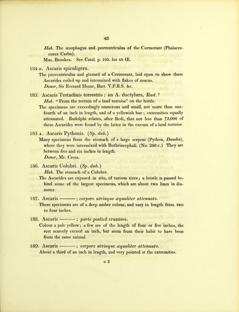 Hab. The oesophagus and proventriculus of the Cormorant (Phalacro- corax Carbo). Mus. Brookes. See Catal. p. 105. lot 48 (E. 184 B. Ascaris spiculigera. The proventriculus and gizzard of a Cormorant, laid open to show these Ascarides coiled up and intermixed with flakes of mucus. Donor, Sir Everard Home, Bart. V.P.R.S. &c. 185. Ascaris Testudinis terrestris ; an A. dactylura, Rud. ? Hab.  From the rectum of a land tortoise on the bottle. > The specimens are exceedingly numerous and small, not more than one- fourth of an inch in length, and of a yellowish hue ; extremities equally attenuated. Rudolphi relates, after Redi, that not less than 72,000 of these Ascarides were found by the latter in the caecum of a land tortoise. 185 A. Ascaris Pythonis. {Sp. dub.) Many specimens from the stomach of a large serpent (Python, Daudin), where they were intermixed with Bothriocephali. (No. 206 c.) They are between five and six inches in length. Donor, Mr. Cross. 186. Ascaris Colubri. (Sp. dub.) Hab. The stomach of a Coluber. The Ascarides are exposed in situ, of various sizes; a bristle is passed be- hind some of the largest specimens, which are about two lines in dia- meter. 187- Ascaris ; corpore utrinque aqualiter attenuato. These specimens are of a deep amber colour, and vary in length from two to four inches. 188. Ascaris ; parte posticd crassiore. Colour a pale yellow; a few are of the length of four or five inches, the rest scarcely exceed an inch, but seem from their habit to have been from the same animal. 189- Ascaris ; corpore utrinque aqualiter attenuato. About a third of an inch in length, and very pointed at the extremities. G 2