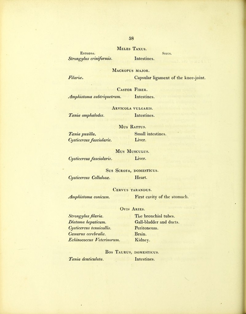 Meles Taxus. Entozoa. Situs. Strongylus criniformis. Intestines. Macropus major. Filari(E. Capsular ligament of the knee-joint. Castor Fiber. Amphistoma subtriquetrum. Intestines. Arvicola vulgaris. Tania omphalodes. Intestines. Mus Rattus. Tania pusilla. Small intestines. Cysticercus fasciolaris. Liver. Mus MUSCULUS. Cysticercus fasciolaris. Liver. Sus ^crofa, domesticus. Cysticercus Celluloses. Heart. Cervus tarandus. Amphistoma conicum. First cavity of the stomach. Ovis Aries. Strongylusfilaria. The bronchial tubes. Distoma liepaticum. Gall-bladder and ducts. Cysticercus tenuicollis. Peritoneum. Comurus cerehralis. Brain. Echinococcus Veterinorum. Kidney. Bos Taurus, domesticus. Tania denticulata. Intestines.