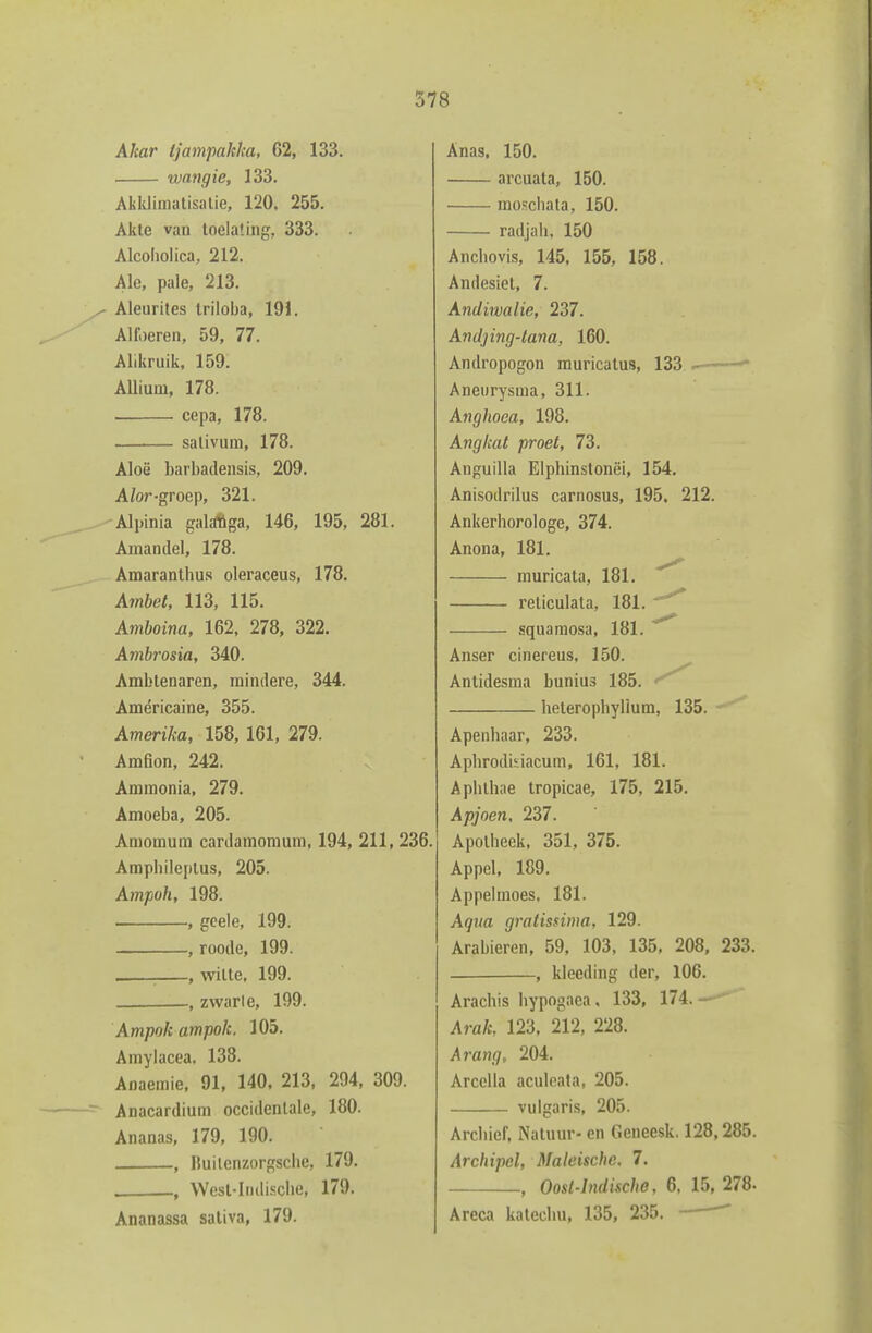Akar ijampakha, 62, 133. wangie, 133. Akklimatisalie, 120. 255. Akte van toelating, 333. Alcoholica, 212. Ale, pale, 213. Aleurites Iriloba, 191. Alfoeren, 59, 77. Alikruik. 159. Allium, 178. cepa, 178. salivum, 178. Aloë barbadensis, 209. A/or-groep, 321. -Alpinia galdftga, 146, 195, 281. Amandel, 178. Amaranthus oleraceus, 178. Ambet, 113, 115. Amhoina, 162, 278, 322. Ambrosia, 340. Ambtenaren, mindere, 344. Américaine, 355. Amerika, 158, 161, 279. Amfion, 242. Ammonia, 279. Amoeba, 205. Amomum cardamomum, 194, 211, 236. Amphileplus, 205. Amjioh, 198. , goeie, 199. , roode, 199. ■ , wilte. 199. , zwarie, 199. Ampok ampok. 105. Amylacea, 138. Anaemie, 91, 140. 213, 294, 309. Anacardium occidentale, 180. Ananas, 179, 190. , Builenzorgsche, 179. , West-Indische, 179. Ananassa saliva, 179. Anas. 150. arcuata, 150. raoschata, 150. radjah, 150 Anchovis, 145. 155, 158. Andesiet, 7. Andiwalie, 237. Andjing-lana, 160. Andropogon muricalus, 133 .-—— Aneurysma, 311. Anghoea, 198. Angkat proet, 73. Anguilla Elphinstonëi, 154. Anisodrilus carnosus, 195. 212. Ankerhorologe, 374. Anona, 181. muricata, 181. reliculata, 181. squamosa, 181. Anser cinereus. 150. Antidesma bunius 185. ■ heterophyllum, 135. Apenhaar, 233. Aphrodisiacum, 161, 181. Aphlhae Iropicae, 175, 215. Apjoen, 237. Apotheek, 351, 375. Appel, 189. Appelmoes, 181. Aqiia graUssima, 129. Arabieren, 59, 103, 135, 208, 233. , kleeding der, 106. Arachis hypogaea. 133, 174. — Arak, 123, 212, 228. Arang, 204. ArccUa aculeala. 205. vulgaris, 205. Archief. Natuur- en Geneesk, 128,285. Archipel, Maleische. 7. , Oost-lmUsche, 6. 15, 278. Areca kateclm, 135, 235. ^