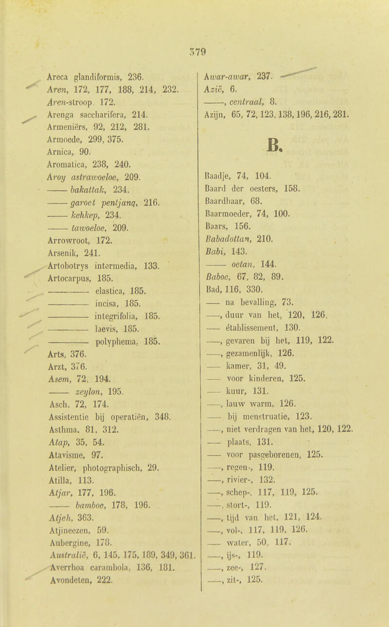 Areca glandiformis, 236. Aren, 172. 177, 188, 214, 232. ^ren-slroop 172. Arenga saccharifera, 214. Armeniërs, 92, 212, 281. Armoede, 299,375. Arnica, 90. Aromatica, 238, 240. kroy astraxvoeloe, 209. bakattak, 234. garoet penljanq, 216. kehkep, 234. tawoeloe, 209. Arrowroot, 172. Arsenik, 241. Artobolrys intermedia, 133. Artocarpus, 185. elaslica, 185. incisa, 185. integrifolia, 185. laevi.s, 185. polyphema; 185. Arts, 376. Arzt, 376. Asem, 72, 194. zeylon, 195. Asch, 72, 174. Assistentie bij operatiën, 348. Aslhma. 81. 312. Atap, 35, 54. Atavisme, 97. Atelier, pholograpliisch, 29. Atilla, 113. Atjar, 177, 196. bamboe, 178, 196. Atjeh, 363. Atjineezen, 59. Aubergine, 178. Australië, 6, 145, 175,189, 349, 361. .- Averrhoa carambola, 136, 181. Avondeten, 222. kwar-awar, 237. —— Azië, 6. , centraal, 8. Azijn, 65, 72,123,138,196,216,281. B, Haadje, 74, 104. Baard der oesters, 158. Baardiiaar, 68. Baarmoeder, 74, 100. Baars, 156. BabadoUan, 210. Babi, 143. oetan, 144. Baboe, 67, 82, 89. Bad, 116, 330. — na bevalling, 73. —, duur van het, 120, 126. — établissement, 130. —, gevaren bij het, 119, 122. —, gezamenlijk, 126. — kamer, 31, 49. — voor kinderen, 125. — kuur, 131. —, lauw warm, 126. — bij menstruatie, 123. —, niet verdragen van het, 120, 122. — plaats. 131. — voor pasgeborenen, 125. —, regen-, 119. —, rivier-, 132. —, schep-, 117, 119, 125. —, stort-, 119. —, tijd van het, 121, 124. —, vol-, 117, 119. 126. — water. 50, 117. _,ijs-. 119. —, zee-, 127. —, zit-, 125.