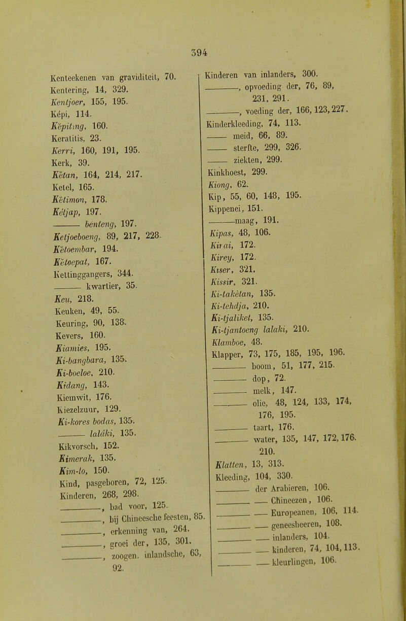 Kenleekenen van gravidileil, 70. Kentering, 14, 329. Kentjoer, 155, 195. Képi, 114. Kèpiting, 160. Keralilis, 23. Kerri, 160, 191, 195. Kerk, 39. Këtan, 164, 214, 217. Kelel, 165. Këtimon, 178. Ketjap, 197. bénteng, 197. Kctjoeboeng, 89, 217, 228. Ketoembar, 194. Ketoepat, 167. Ketlinggangers, 344. kwartier, 35. Keu, 218. Keuken, 49, 55. Keuring, 90, 138. Kevers, 160. Kiamies, 195. Ki-bangbara, 135. Ki-boeloe, 210. Kidang, 143. Kiemwit, 176. Kiezelzuur, 129. Ki-kores bodas, 135. . laldki, 135. Kikvorsch, 152. Kimerak, 135. Kim-lo, 150. Kind, pasgeboren, 72, 125. Kinderen, 268, 298. bad voor, 125. -, bij Chincesche feesten, 85. , erkenning van, 264. —, groei der, 135, 301. , zoogen. inlandsche, 63, 92. Kinderen van inlanders, 300. —, opvoeding der, 76, 89, 231. 291. —, voeding der, 166,123,227. Kinderkleeding, 74, 113. - meid, 66, 89. - sterfte, 299, 326. - ziekten, 299. Kinkhoest, 299. Kiong, 62. Kip, 55, 60, 148, 195. Kippenei, 151. —maag, 191. Kipas, 48, 106. Kir ai, 172. Kirey, 172. Kiser, 321. Kissir, 321. Ki-takètan, 135. Ki-tehdja, 210. Ki-ljaliket, 135. Ki-tjantoeng lalaki, 210. Klamboe, 48. Klapper, 73, 175, 185, 195, 196. boom, 51, 177, 215. dop, 72. melk, 147. olie, 48. 124, 133, 174, 176, 195. . taart, 176. water, 135, 147, 172,176. 210. Klatten, 13, 313. Kleeding, 104, 330. der Arabieren, 106. — Chineezen, 106. — Europeanen, 106. 114. . geneesheeren, 108. inlanders, 104. . kinderen, 74, 104,113. —kleurlingen, 106.