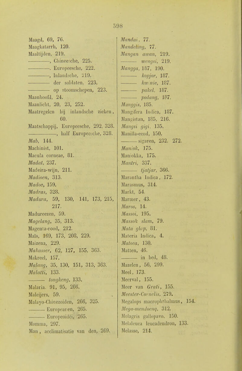 Maagd, 69, 76. Maagkatarrh, 120. Maalüjden, 219. , Cliinee;che, 225. . Europoesche, 222. , Inlaiuüclie, 219. der solilalen. 223, op ?loorascliepeii, 223. MaanliooW, 24. MaanlicliL, 20, 23, 252. Maatregelen bij inlandsche zieken, 60. Maatschappij, Eiirnpeesche, 292, 328. , half Europcotclie, 328. 31ab, 144. Machinist, 101. Macula corneae, 81. Madat, 237. Madeira-wijn, 211. Madioen, 313. Madoe, 159. Madras, 328. Madura, 59, 130, 141, 173, 215, 217. Madureezen, 59. Magelang, 35, 313. Magenta-rood, 212. Maïs, 169, 173, 208, 229. Maizena, 229. Mah-asser, 62, 127, 155, 363. Makreel, 157. Malnng, 35, 130, 151, 313, 363. Malalli, 133. longkeng, 133. Malaria. 91, 95, 266. Maleijcrs, 59. Malayo-Chinezoiden, 260, 325. Europcai cn, 265. Europeoidëi, 205. Mamma, 297. Mail, acclimalisatie van den, 269. Mandai, 77. Mandeling, 77. Mangan aivan, 219. ivcngsi, 219. Mangga, 187, 190. hopjor, 187. kwnie, 187. fakel, 187. fodang, 187. Manggis, 185. Mangifera Iiidica, 187. Manpislan, 185, 216. Mangsi gigi. 135. Maniila-eeud, 150. sigaren, 232. 272. Maniok, 175. Maniokka, 175. Mantri, 337. ijatjar, 366. Marantha Indica, 172. Marasmus, 314. Markt, 54. Marmer, 43. Maros, 14. Massoi, 195. Massok slam, 79. Mala glcp, 81. Maleria Indica, 4. Maloea, 130. Matten, 46. in bed, 48. Mazelen, 56, 299. Meel, 173. Meerval, 155. Meer van Grnli, 155. Mecsler-Conelis, 279. Mcgalops macn)i)liih;diuus, 154. Mcga-nicihloenq, 312. Melagris gallopavo. 150. Melideucii leucadcndron, 133. Melasse, 214.