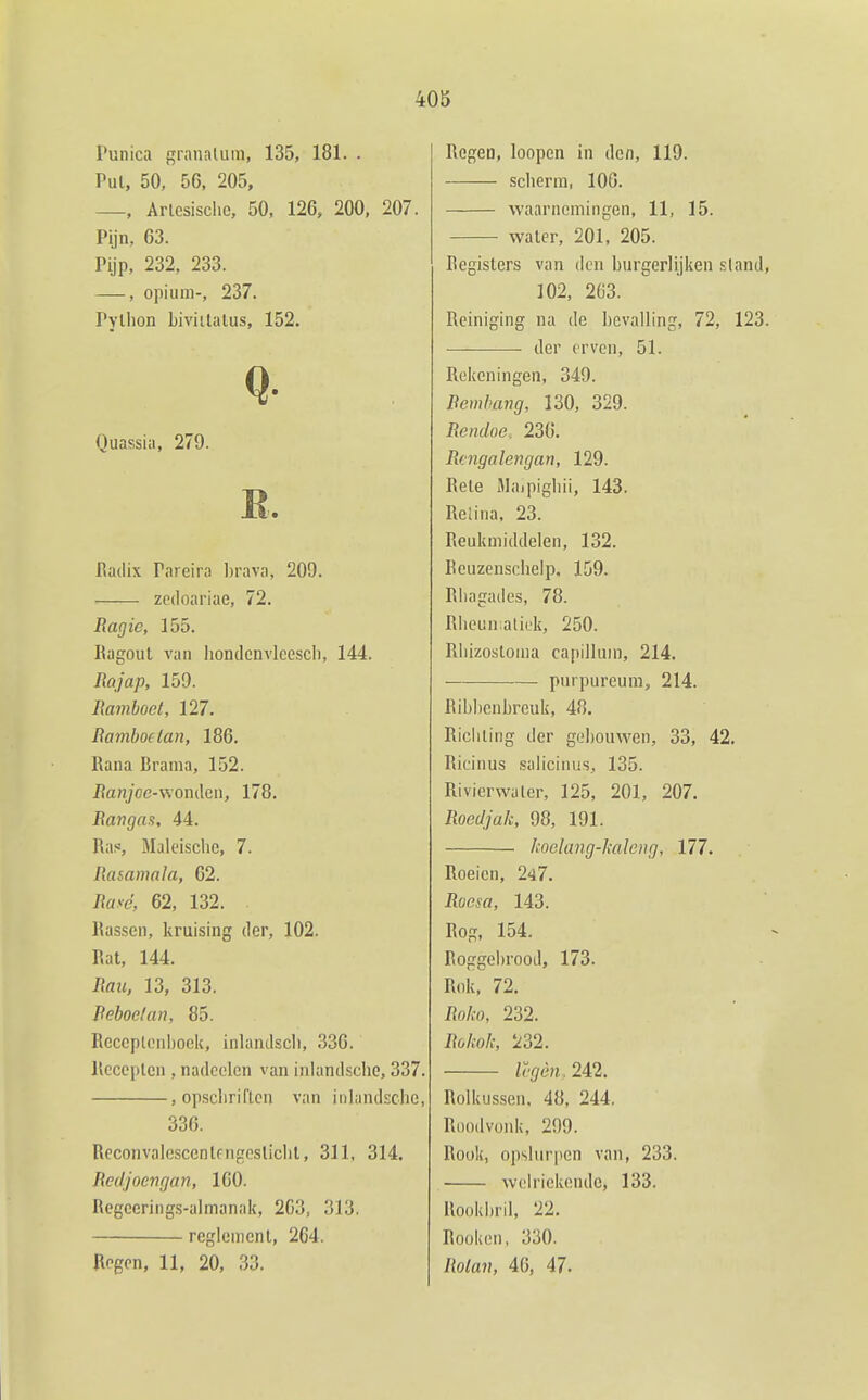 Tunica granalum, 135, 181. . Pul, 50, 56, 205, —, Arlesischc, 50, 126, 200, 207. Pijn, 63. Pijp, 232, 233. , opium-, 237. Pylhon biviilalus, 152. Quassia, 279. R. I\a(lix Pareira l)rava, 209. zedoariae, 72. Ragie, 155. Ragout van hondenvleescli, 144. Rajap, 159. Ramboet, 127. Ramhoetan, 186. Rana Brama, 152. i?an/oe-wonilen, 178. Rangas, 44. Ras, Maleischc, 7. Rasanmla, 62. Rasé, 62, 132. Rassen, kruising der, 102. Rat, 144. Rau, 13, 313. Peboelan, 85. Rcccplcnboek, inlandscli, 336. Recepten , nadeclen van inlandsclio, 337. , opsclirifLen van inlnndsche, 336. Reconvalcscenlfngosliclit, 311, 314. Recljocngan, 160. Regeerings-almanak, 263, 313. reglement, 264. Regen, 11, 20, 33. Regen, loopen in den, 119. scherm, 106. waarnemingen, 11, 15. water, 201, 205. Registers van den burgerlijken sland, ]02, 203. Reiniging na de bevalling, 72, 123. der erven, 51. Rekeningen, 349. Rembang, 130, 329. Rendoe. 236. Rmgalengan, 129. Rele Maipigliii, 143. Relina, 23. Reukmiddelen, 132. Reuzenschelp, 159. Rliagades, 78. Rheun alick, 250. Rliizosloma ca[iilluin, 214. purpureum, 214. Ribbenbreuk, 48. Riciiling der gebouwen, 33, 42. Ricinus salicinus, 135. Rivierwa Ier, 125, 201, 207. Roedjak, 98, 191. koelang-kaleng, 177. Roeien, 247. Roesa, 143. Rog, 154. Roggei)rood, 173. Rok, 72. Roko, 232. Rokok, 232. lï'gèn. 2A2. Rolkussen. 48, 244. Roodvonk, 209. Rook, opslurpen van, 233. welriekende, 133. Rookbril, 22. Rooken. 330. Rola7i, 46, 47.