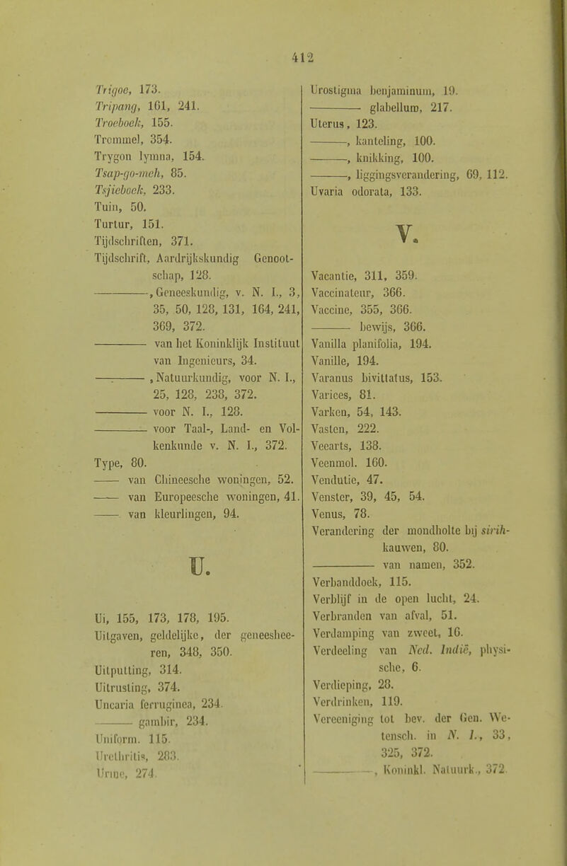 Trigoe, 173. Tripang, IGI, 241. Troc'boek, 155. Trommel, 354. Trygon lymna, 154. Tsap-go-meh, 85. Tsjiebock, 233. Tuin, 50. Turtur, 151. Tijdschriflen, 371. Tijdschrift, Aardrijkskundig Genool- schap, 128. , Geneeskundig, v. N. I., 3, 35, 50, 128, 131, 164, 241, 3G9, 372. van liet Koninklijk Instituut van Ingenieurs, 34. —: .Natuurkundig, voor N. I., 25, 128, 238, 372. voor N. I., 128. voor Taal-, Land- en Vol- kenkunde V. N. I., 372. Type, 80. van Clüncesche woningen, 52. van Europeesche woningen, 41. van kleurlingen, 94. U. Ui, 155, 173, 178, 195. Uilgaven, geldelijke, der geneeshee- ren, 348, 350. Uitputting, 314. Uilrusting, 374. Uncaria lerruginea, 234. gambir, 234. Uniform. 115. Urcllirilis», 28.3. Urme, 274. Urosliguia benjarainuni, 19. . glabelluro, 217. Uterus, 123. , kanteling, 100. , knikking, 100. , liggingsverandering, 69, 112. Uvaria odorata, 133. V. Vacanlie, 311, 359. Vaecinalcur, 366. Vaccine, 355, 366. bewijs, 366. Vanilla planifoiia, 194. Vanille, 194. Varanus biviltatus, 153. Varices, 81. Varken, 54, 143. Vaslcn, 222. Veearts, 138. Veenmol. 160. Vendutie, 47. Venster, 39, 45, 54. Venus, 78. Verandering der mondholte bij sirih- kauwen, 80. van namen, 352. Verbanddoek, 115. Verblijf in de open lucht, 24. Verbranden van afval, 51. Verdamping van zweel, 16. Verdeeling van Ncd. Indië, physi- sche, 6. Verdieping, 28. Verdrinken, 119. Vcreenigiiig lol bev. der (Jen. We- lensch. in N. L, 33, 325. 372. , Koninkl. Naluurk,, 372.