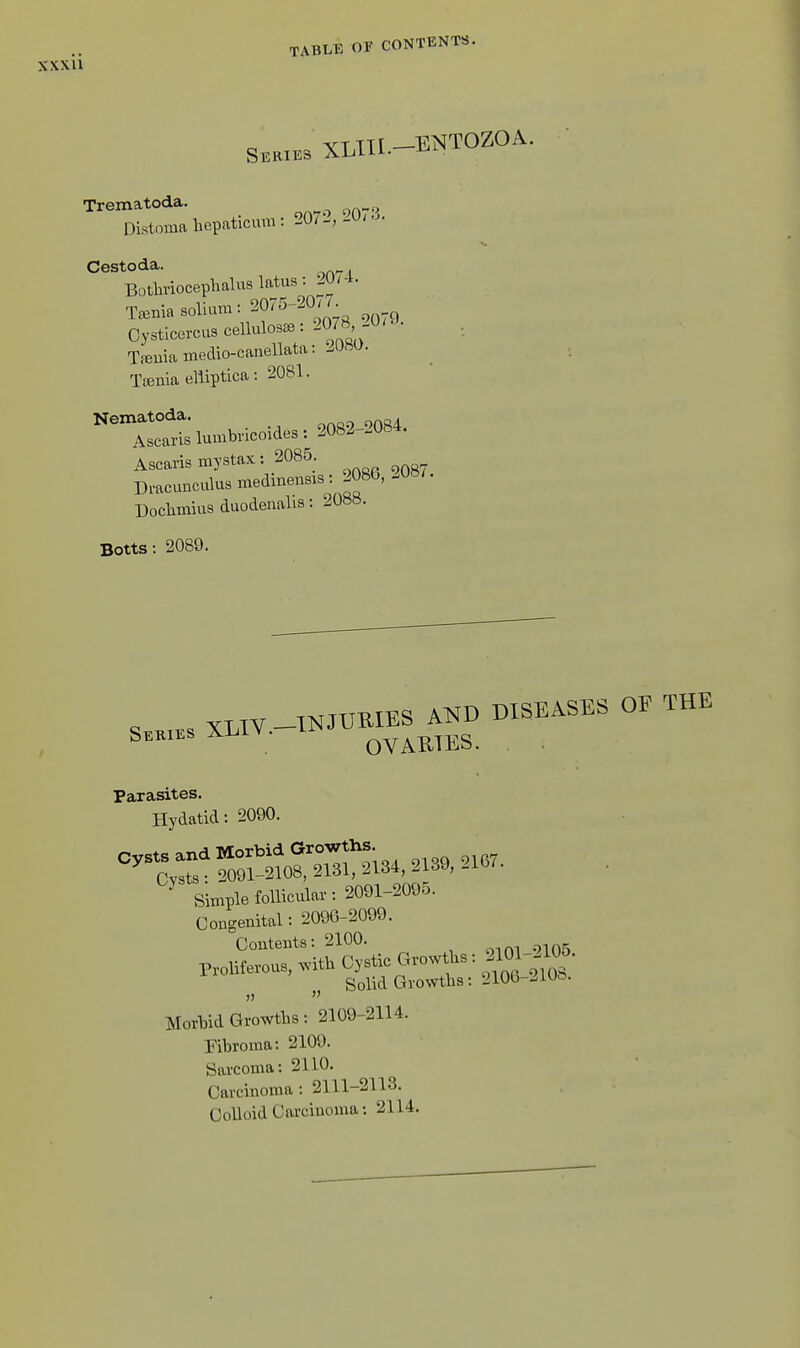 Series XLIIL—ENTOZOA. Trematoda. Distomahepaticum: 207^,-U/-- Cestoda. Botlinoceplialus latus: 20/4. Ma solium: 2075-20/7 Oysticercus cellulose.: 20J8 -0 Tiuiamedio-canellata: 2080. Tcenia elliptica: 2081. Nematoda. Ascarlslumbricoides: 2082-2084. Ascarismystax: 2085 Dmcunculusmedineusas : 2086, .08/. Doclmiiasduodenalis: 20a«. Botts: 2089. , s XLIV -INJURIES AND DISEASES OF THE S«iEsXLI^. OVARIES. Parasites. Hydatid: 2090. cysts and Morbid Growths. Cysts: 2091-2108, 2131, 2134, 2139, 21b/. ^ Simple follicular :2091-209o. Congenital: 2096-2099. Contents: 2100. Proliferous, ^vith Cystic Growths : mi-I^. Solid Growths: 2100-21O&. Morbid Growths: 2109-2114. Fibroma: 2109. Sarcoma: 2110. Carcinoma: 2111-2113. Colloid Carcinoma: 2114.