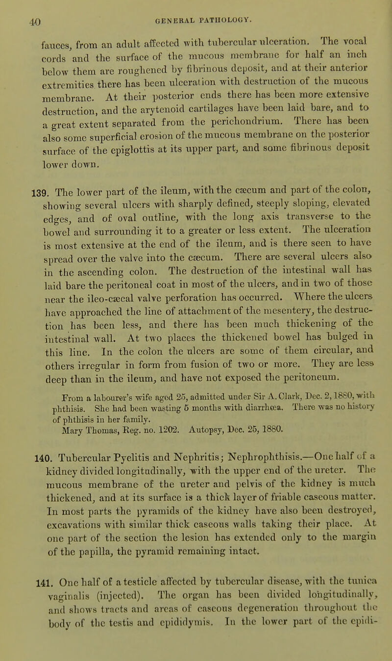 fauces, from an adult affected with tubercular ulceration. The vocal cords and the surface of the mucous membrane for half an inch below them are roughened by fibrinous deposit, and at their anterior extremities there has been ulceration with destruction of the mucous membrane. At their posterior ends there has been more extensive destruction, and the arytenoid cartilages have been laid bare, and to a great extent separated from the perichondrium. There has been also some superficial erosion of the mucous membrane on the posterior surface of the epiglottis at its upper part, and some fibrinous deposit lower down. 139. Tlie lower part of the ileum, with the csecum and part of the colon, showing several ulcers with sharply defined, steeply sloping, elevated edges, and of oval outline, with the long axis transverse to the bowel and surrounding it to a greater or less extent. The ulceration is most extensive at the end of the ileum, and is there seen to have spread over the valve into the csecum. There are several ulcers also in the ascending colon. The destruction of the intestinal wall has laid bare the peritoneal coat in most of the ulcers, and in two of those near the ileo-cacal valve perforation has occurred. Where the ulcers have approached the line of attachment of the mesentery, the destruc- tion has been less, and there has been much thickening of the intestinal wall. At two places the thickened bowel has bulged in this line. In the colon the ulcers are some of them circular, and others irregular in form from fusion of two or more. They are less deep than in the ileum, and have not exposed the peritoneum. From a latourei-'s wife aged 25, admitted under Sir A. Clark, Dec. 2,1880, with phthisis. She had been wasting 5 months with diarrheea. There was no history of phthisis in her family. Mary Thomas, Keg. no. 1202. Autopsy, Dec. 25, 1880. 140. Tubercular Pyelitis and Nephritis; Nephrophthisis.—One half of a kidney divided longitadinally, with the upper end of the ureter. The mucous membrane of the ureter and pelvis of the kidney is much thickened, and at its surface is a thick layer of friable caseous matter. In most parts the pyramids of the kidney have also been destroyed, excavations with similar thick caseous walls taking their place. At one part of the section the lesion has extended only to the margin of the papilla, the pyramid remaining intact. 141. One half of a testicle affected by tubercular disease, with the tunica vaginalis (injected). The organ has been divided longitudinally, and shows tracts and areas of caseous degeneration throughout the body of the testis and epididymis. In the lower part of the epidi-