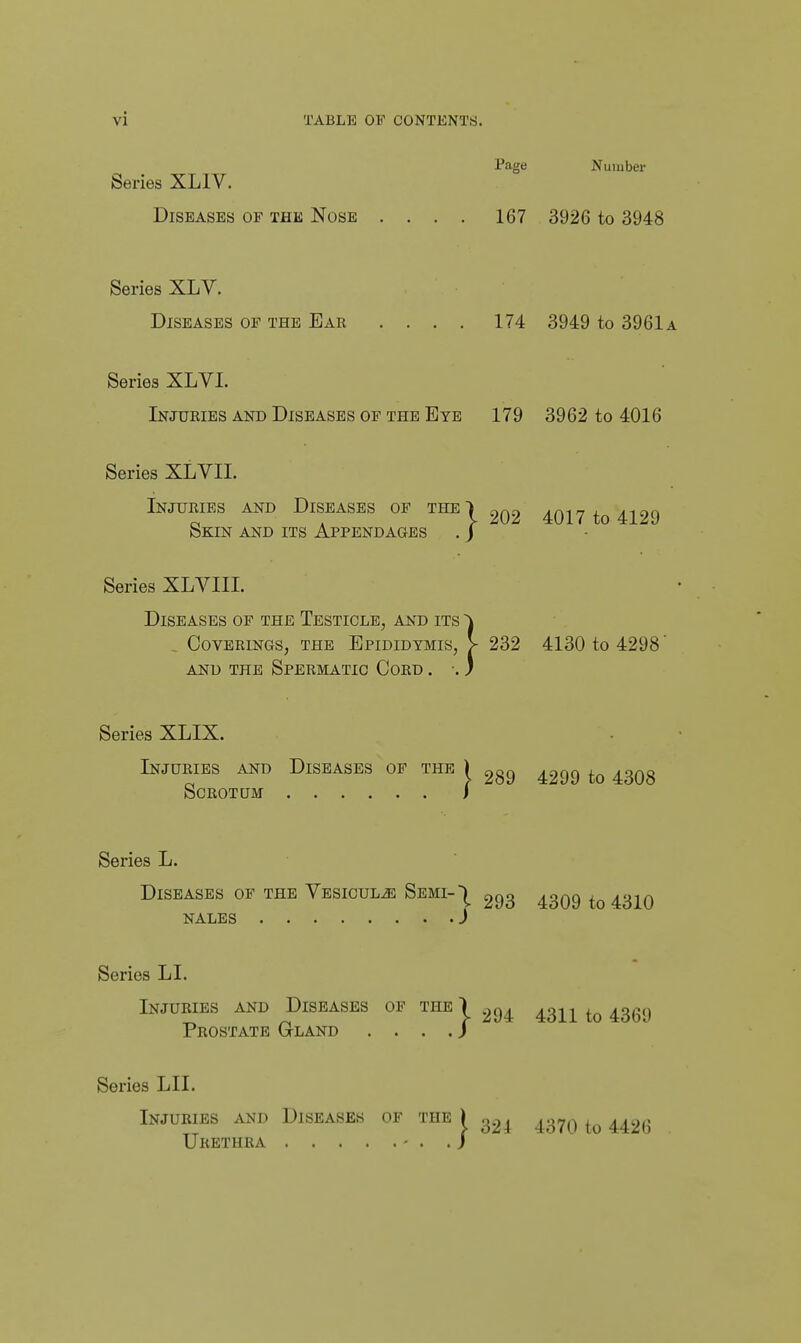 Page Number Series XLIV. Diseases of the Nose .... 167 3926 to 3948 Series XLV. Diseases of the Ear .... 174 3949 to 3961a Series XLVI. Injuries and Diseases of the Eye 179 3962 to 4016 Series XLVII. Injuries and Diseases op the r 202 4017 to 4129 Skin and its Appendages Series XLVIII. Diseases of the Testicle, and its Coverings, the Epididymis, V 232 4130 to 4298 AND THE Spermatic Coed , Series XLIX. Injuries and Diseases of the Scrotum Series L. I 289 4299 to 4308 Diseases of the Vesioul^e Semi-^ 293 4309 to 4310 nales Series LI. Injuries and Diseases of the 1 ^94 4311 to 4369 Prostate Gland . . . . / Series LII Urethra