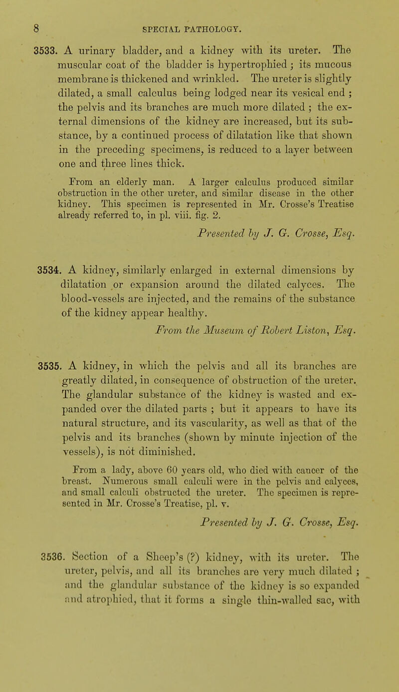 3533. A urinary bladder, and a kidney with its ureter. The muscular coat of the bladder is hypertrophied ; its mucous membrane is thickened and wrinkled. The ureter is slightly dilated, a small calculus being lodged near its vesical end ; the pelvis and its branches are much more dilated ; the ex- ternal dimensions of the kidney are increased, but its sub- stance, by a continued process of dilatation like that shown in the preceding specimens, is reduced to a layer between one and three lines thick. From an elderly man. A larger calculus produced similar obstruction in the other ureter, and similar disease in the other kidney. This specimen is represented in Mr. Crosse's Treatise already referred to, in pi. viii. fig. 2. Presented hy J. G. Crosse, Esq. 3534. A kidney, similarly enlarged in external dimensions by dilatation or expansion around the dilated calyces. The blood-vessels are injected, and the remains of the substance of the kidney appear healthy. From the Museum of Rohert Liston, Esq. 3535. A kidney, in which the pelvis and all its branches are greatly dilated, in consequence of obstruction of the ureter. The glandular substance of the kidney is wasted and ex- panded over the dilated parts ; but it appears to have its natural structure, and its vascularity, as well as that of the pelvis and its branches (shown by minute injection of the vessels), is not diminished. From a lady, above 60 years old, who died with cancer of the breast. Numerous small calculi were in the pelvis and calj-ces, and small calculi obstructed the ureter. The specimen is repre- sented in Mr. Crosse's Treatise, pi. v. Presented hy J. G. Crosse, Esq. 3536. Section of a Sheep's (?) kidney, with its ureter. The ureter, pelvis, and all its branches are very much dilated ; and the glandular substance of the kidney is so expanded and atrophied, that it forms a single thin-walled sac, with