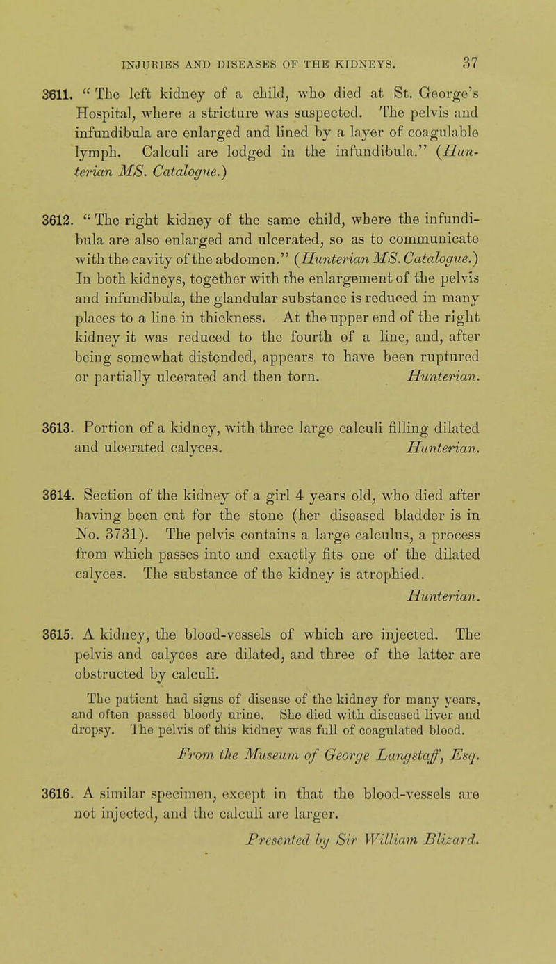 3611.  The left kidney of a child, who died at St. George's Hospital, where a stricture was suspected. The pelvis and infundibula are enlarged and lined by a layer of coagulable lymph. Calculi are lodged in the infundibula. {Hun- terian MS. Catalogue.) 3612.  The right kidney of the same child, where the infundi- bula are also enlarged and ulcerated, so as to communicate with the cavity of the abdomen. (^Hunterian MS. Catalogue.) In both kidneys, together with the enlargement of the pelvis and infundibula, the glandular substance is reduced in many places to a line in thickness. At the upper end of the right kidney it was reduced to the fourth of a line, and, after being somewhat distended, appears to have been ruptured or partially ulcerated and then torn. Hunterian. 3613. Portion of a kidney, with three large calculi filling dilated and ulcerated calyces. Hunterian. 3614. Section of the kidney of a girl 4 years old, who died after having been cut for the stone (her diseased bladder is in No. 3731). The pelvis contains a large calculus, a process from which passes into and exactly fits one of the dilated calyces. The substance of the kidney is atrophied. Hunteria7i. 3615. A kidney, the blood-vessels of which are injected. The pelvis and calyces are dilated, and thi'ee of the latter are obstructed by calculi. The patient had signs of disease of the kidney for many years, and often passed bloody urine. iShe died with diseased liver and dropsy. 'Ihe pelvis of this kidney was full of coagulated blood. From the Museum of George Langstaff, Eitq. 3616. A similar specimen, except in that the blood-vessels are not injected, and the calculi are larger. Presented bi/ Sir \ ViUia7n Blizard.