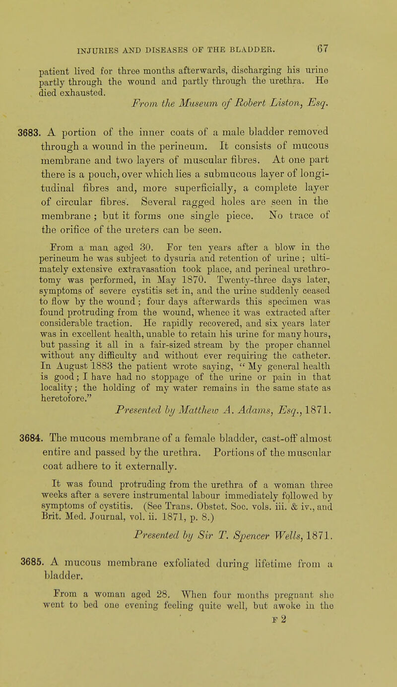 liatient lived for three months afterwards, discharging his urine partly through the wound and partly through the urethra. He died exhausted. From the Museum of Robert Liston, Esq. 3683. A portion of the inner coats of a male bladder removed through a wound in the perineum. It consists of mucous membrane and two layers of muscular fibres. At one part there is a pouch, over which lies a submucous layer of longi- tudinal fibres and, more superficially, a complete layer of circular fibres. Several ragged holes are seen in the membrane ; but it forms one single piece. No trace of the orifice of the ureters can be seen. From a man aged 30. For ten years after a blow in the perineum he was subject to dysuria and retention of urine ; ulti- mately extensive extravasation took place, and perineal urethro- tomy was performed, in May 1870. Twenty-three days later, symptoms of severe cystitis set in, and the urine suddenly ceased to flow by the wound; four days afterwards this specimen was found protruding from the wound, whence it was extracted after considerable traction. He rapidly recovered, and six years later was in exceUeut health, unable to retain his lu-ine for many hours, but passing it all in a fair-sized stream by the proper channel without any difficulty and without ever requiring the catheter. In August 1883 the patient wrote saying,  My general health is good; I have had no stoppage of the urine or pain in that locality; the holding of my water remains in the same state as heretofore. Presented by Matthew A. Adams, Esq., 1871. 3684. The mucous membrane of a female bladder, cast-off almost entire and passed by the urethra. Portions of the muscular coat adhere to it externally. It was found protruding from the urethra of a woman three weeks after a severe instrumental labour immediately followed by symptoms of cystitis. (See Trans. Obstet. Soc. vols. iii. & iv., and Brit. Med. Journal, vol. ii. 1871, p. 8.) Presented by Sir T. S2oencer Wells, 1871. 3685. A mucous membrane exfoliated during lifetime from a bladder. From a woman aged 28. When four months pregnant slio went to bed one evening feeling quite well, but awoke in the f2