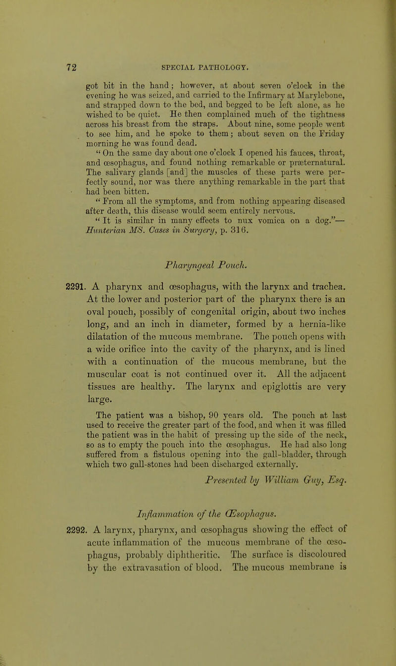 got bit in the hand ; however, at about seven o'clock in the evening ho was seized, and carried to the Infirmary at Marylebone, and strapped down to the bed, and begged to be left alone, as he wdshed to be quiet. He then complained much of the tightness across his breast from the straps. About nine, some people went to see him, and he spoke to them; about seven on the Friday morning he was found dead.  On the same day about one o'clock I opened his fauces, throat, and oesophagus, and found nothing remarkable or praetematural. The salivary glands [and] the muscles of these parts were per- fectly sound, nor was there anything remarkable in the part that had been bitten.  Prom all the symptoms, and from nothing appearing diseased after death, this disease would seem entirely nervous.  It is similar in many effects to nux vomica on a dog.— Hunterian MS. Cases in Surgery, j). 316. Pharyngeal Pouch. 2291. A pharynx and oesophagus, with the larynx and trachea. At the lower and posterior part of the pharynx there is an oval pouch, possibly of congenital origin, about two inches long, and an inch in diameter, formed by a hernia-like dilatation of the mucous membrane. The pouch opens with a wide orifice into the cavity of the pharynx, and is lined with a continuation of the mucous membrane, but the muscular coat is not continued over it. All the adjacent tissues are healthy. The larynx and epiglottis are very large. The patient was a bishop, 90 years old. The pouch at last used to receive the greater part of the food, and when it was filled the patient was in the habit of pressing up the side of the neck, 80 as t;o empty the pouch into the oesophagus. He had also long suffered from a fistulous opening into the gall-bladder, tlirough which two gall-stones had been discharged externally. Presented by William Guy, Esq. Inflammation of the CEsophagus. 2292. A larynx, pharynx, and oesophagus showing the effect of acute inflammation of the mucous membrane of the ceso- phagus, probably diphtheritic. The surface is discoloured by the extravasation of blood. The mucous membrane is
