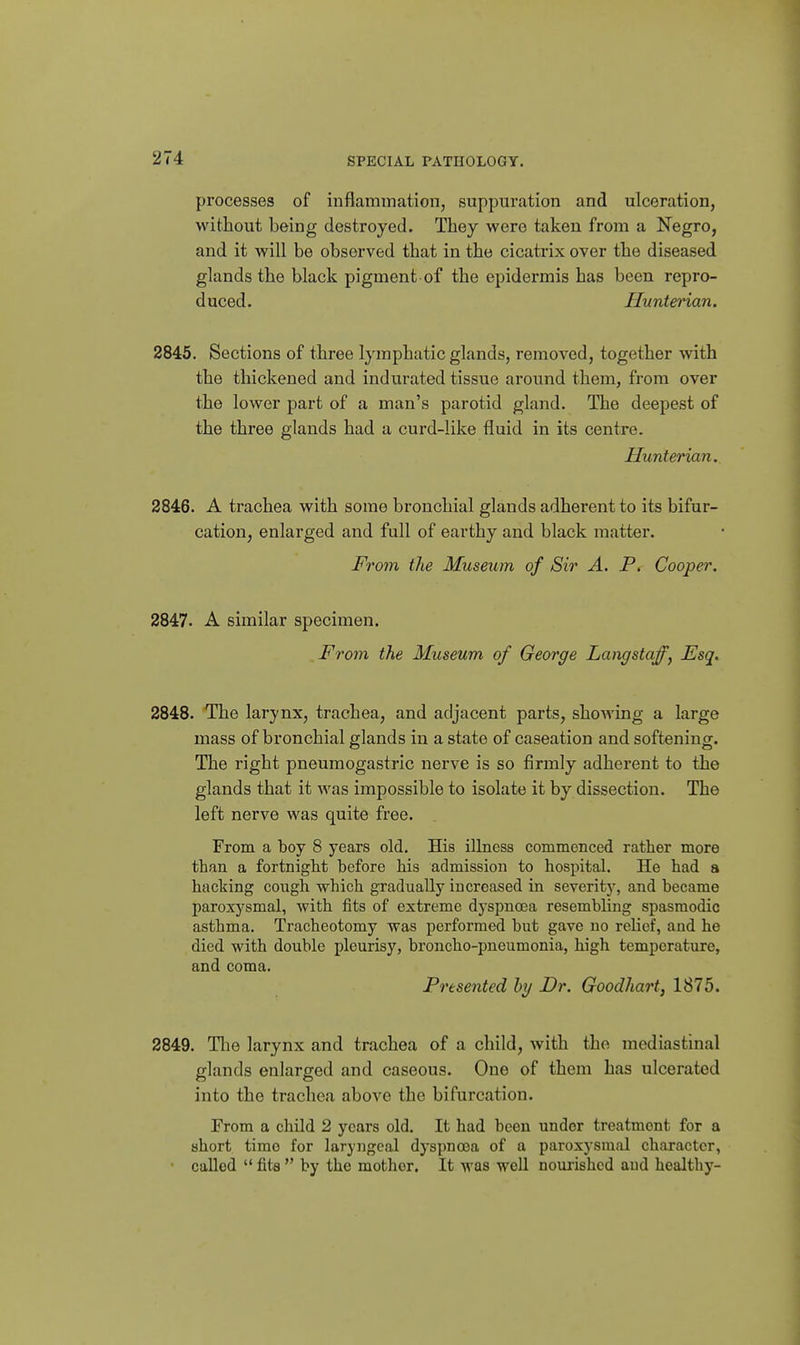 processes of inflammation, suppuration and ulceration, without being destroyed. They were taken from a Negro, and it will be observed that in the cicatrix over the diseased glands the black pigment of the epidermis has been repro- duced. Hunterian. 2845. Sections of three lymphatic glands, removed, together with the thickened and indurated tissue around them, from over the lower part of a man's parotid gland. The deepest of the three glands had a curd-like fluid in its centre. Hunterian. 2846. A trachea with some bronchial glands adherent to its bifur- cationj enlarged and full of earthy and black matter. From the Museum of Sir A. P. Cooper. 2847. A similar specimen. ^From the Museum of George Langstaff, Esq. 2848. The larynx, trachea, and adjacent parts, shoAving a large mass of bronchial glands in a state of caseation and softening. The right pneumogastric nerve is so firmly adherent to the glands that it was impossible to isolate it by dissection. The left nerve was quite free. From a boy 8 years old. His illness commenced rather more than a fortnight before his admission to hospital. He had a hacking cough which gradually increased in severity, and became paroxysmal, with fits of extreme dyspnoea resembling spasmodic asthma. Tracheotomy was performed but gave no relief, and he died with double pleurisy, broncho-pneumonia, high temperature, and coma. Presented by Dr. Goodhart, 1875. 2849. The larynx and trachea of a child, with the mediastinal glands enlarged and caseous. One of them has ulcerated into the trachea above the bifurcation. From a child 2 years old. It had been under treatment for a short time for laryngeal dyspnoea of a paroxysmal character, • called  fits  by the mother. It was well nourished and healthy-