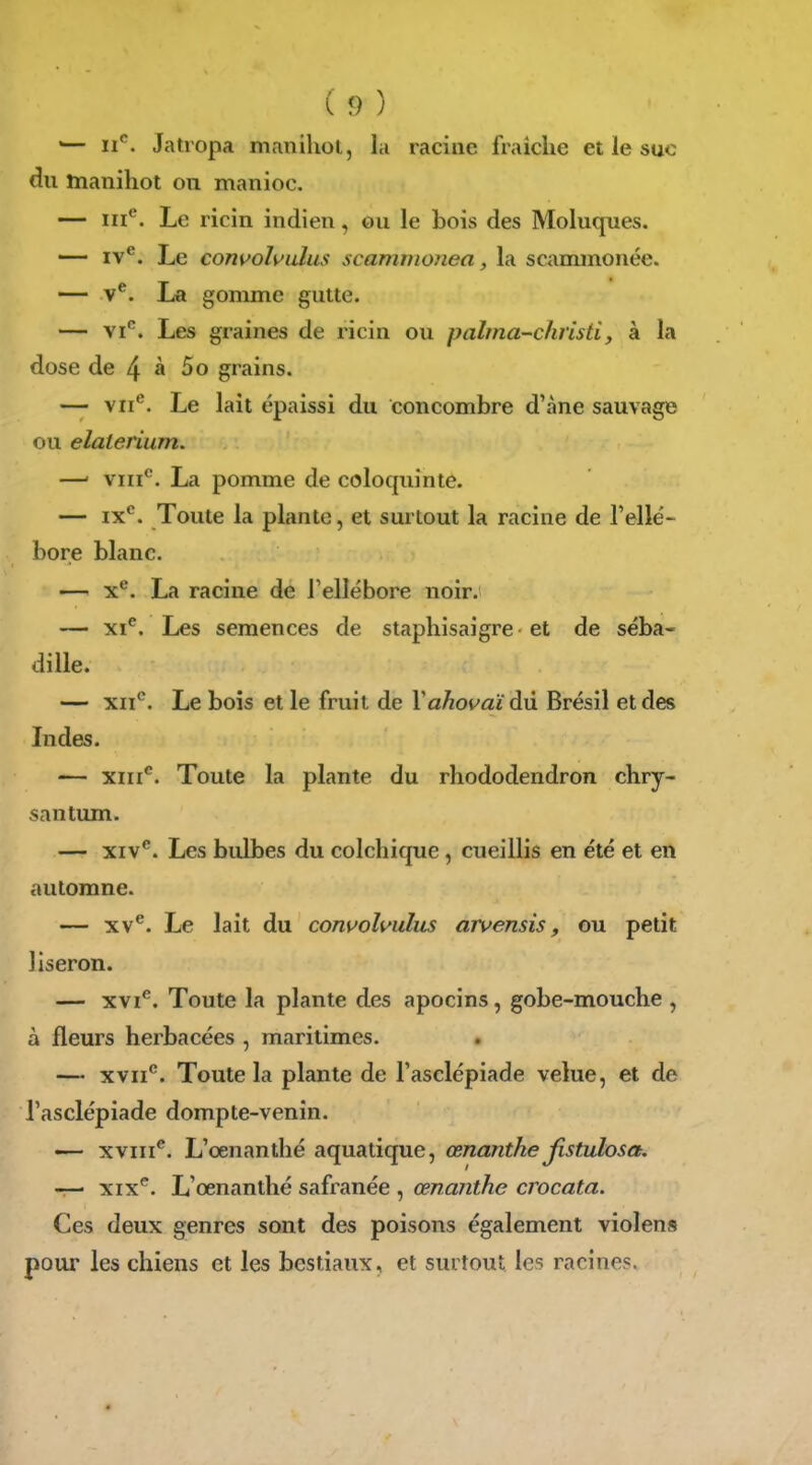 '— II''. Jatropa manihol, la racine fraîche et le suc du manihot ou manioc. — iii*^. Le ricin indien, ou le bois des Moluques. — IV®. Le convolvulus scamnionea, la scammonée. — V®. La gomme gutte. — vi''. Les graines de ricin ou palma-cliristi, à la dose de 4 à 5o grains. — VII*'. Le lait épaissi du concombre d'àne sauvage ou elalerium. —' VIII*'. La pomme de coloquinte. — IX*'. Toute la plante, et surtout la racine de l'ellé- bore blanc. — X®. La racine de l'ellébore noir. — XI®. Les semences de staphisaigre et de séba- diUe. — XII®. Le bois et le fruit de YahovaïàvL Brésil et des Indes. — XIII*'. Toute la plante du rhododendron chry- santum. — XIV®. Les bidbes du colchique, cueillis en été et en automne. — XV®. Le lait du conwoli'ulus arvensis, ou petit liseron. — XVI®. Toute la plante des apocins, gobe-mouche , à fleurs herbacées , maritimes. . — XVII®. Toute la plante de l'asclépiade velue, et de l'asclépiade dompte-venin. —- XVIII®. L'oenanthé aquatique, œnanthe fistulosa. — XIX®. L'oenanthé safranée , œnanthe crocata. Ces deux genres sont des poisons également violens pour les chiens et les bestiaux, et surtout les racines.