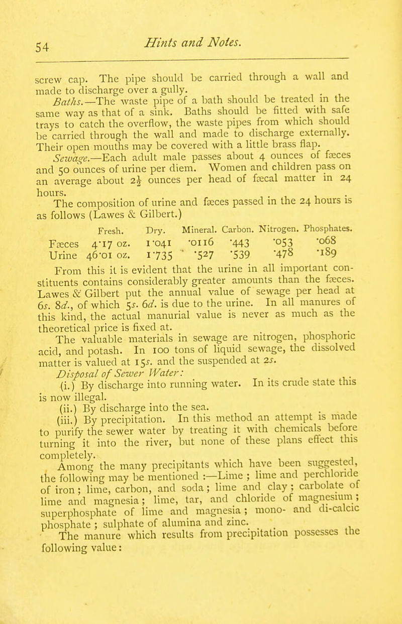 screw cap. The pipe should be carried through a wall and made to discharge over a gully. Baths.—'Y\\z waste pipe of a bath should be treated in the same way as that of a sink. Baths should be fitted with safe trays to catch the overflow, the waste pipes from which should be carried through the wall and made to discharge externally. Their open mouths may be covered with a little brass flap. Each adult male passes about 4 ounces of faces and 50 ounces of urine per diem. Women and children pass on an average about ounces per head of ftecal matter m 24 hours. 1 . , The composition of urine and fceces passed m the 24 hours is as follows (Lawes & Gilbert.) Fresh. Dry. Mineral. Carbon. Nitrogen. Phosphates. Freces 4-17 oz. 1-041 -0116 -443 053 -068 Urine 46-0102. 1-735 527 539 '478 iSg From this it is evident that the urine in all important con- stituents contains considerably greater amounts than the faces. Lawes & Gilbert put the annual value of sewage per head at 6j. 8</., of which 55. (>d. is due to the urine. In all manures of this kind, the actual manurial value is never as much as the theoretical price is fixed at. . The valuable materials in sewage are nitrogen, phosphoric acid, and potash. In 100 tons of liquid sewage, the dissolved matter is valued at 155. and the suspended at is. Disposal of Sewer Water: (i.) By discharge into running water. In its crude state this is now illegal. (ii.) By discharge into the sea. (iii.) By precipitation. In this method an attempt is made to purify the sewer water by treating it with chemicals before turning it into the river, but none of these plans effect this completely. , . , , , .1 Among the many precipitants which have been suggestecl, the following may be mentioned :—Lime ; lime and perchlonde of iron; lime, carbon, and soda; lime and day; carbolate ot lime and magnesia; lime, tar, and chloride of magnesium; superphosphate of lime and magnesia; mono- and di-calcic phosphate ; sulphate of alumina and zinc. The manure which results from precipitation possesses the following value: