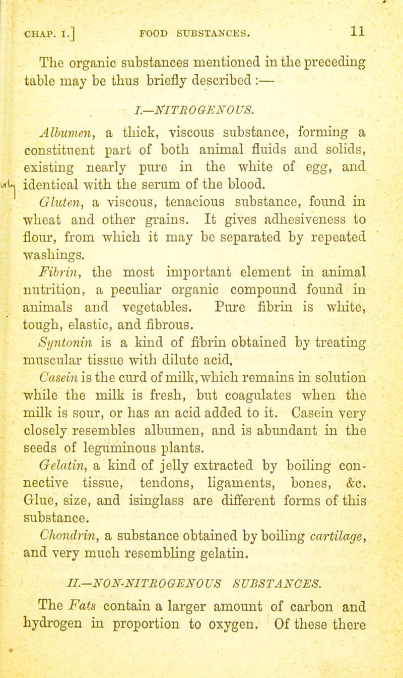 The organic substances mentioned in the preceding table may be thus briefly described :— I.—mTEOGENOUS. Albuvien, a thick, viscous substance, forming a constituent part of both animal fluids and solids, existing nearly pui-e in the white of egg, and identical with the serum of the blood. Gluten, a viscous, tenacious substance, found in wheat and other gi-ains. It gives adhesiveness to flour, from which it may be separated by repeated washings. Fibrin, the most important element in animal nutrition, a peculiar organic compound found in animals and vegetables. Pure fibrin is white, tough, elastic, and fibrous. Syntonin is a kind of fibrin obtained by treating muscular tissue with dilute acid. Casein is the cm'd of milk, which remains in solution while the milk is fresh, but coagulates when the milk is sour, or has an acid added to it. Casein very closely resembles albumen, and is abundant in the seeds of leguminous plants. Gelatin, a kind of jelly extracted by boiling con- nective tissue, tendons, ligaments, bones, &c. Glue, size, and isinglass are different fonns of this substance. Chondrhi, a substance obtained by boiling cartilage, and very much resembling gelatin. II.—mN-NITBOGENO US SUBSTANCES. The Fats contain a larger amount of carbon and hydrogen in proportion to oxygen. Of these there