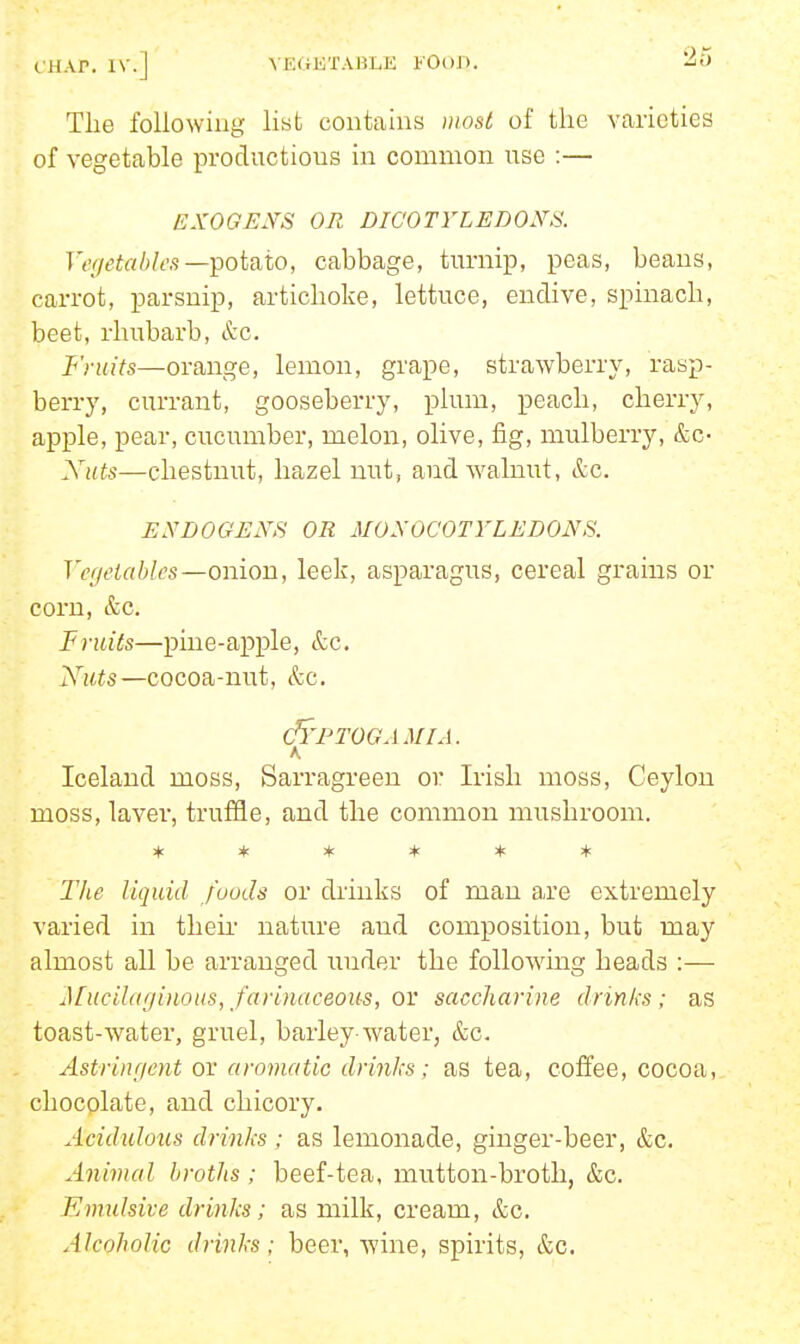 The following list contains most of the varieties of vegetable productions in common use :— EXOGEyS OR DICOTYLEDONS. Ve</eta!)Ies—-potato, cabbage, turnip, peas, beans, carrot, parsnip, artichoke, lettuce, endive, spinach, beet, rhubarb, &c. Fruits—orange, lemon, grape, straAvberry, rasp- berry, currant, gooseberry, plum, peach, cherry, apple, pear, cucumber, melon, olive, fig, mulberry, &c- Xuts—chestnut, hazel nut, and walnut, &c. ENDOGENB OR MONOCOTYLEDONS. Vci/etables—onion, leek, asparagus, cereal grains or corn, &c. Fruits—pine-apple, &c. i\''iiis—cocoa-nut, &c. C^'FTOGAMIA. A Iceland moss, Sarragreen or Irish moss, Ceylon moss, laver, truffle, and the common mushroom. ****** The liquid fuuds or drinks of man a,re extremely varied in theu- nature aiid composition, but may almost all be arranged under the foUowmg heads :— j\[ucilagi)ious, farinaceous, or saccharine drinks; as toast-water, gruel, barley water, &c. Astrinricnt OY aromatic drinhs; as tea, coffee, cocoa, chocolate, and chicory. Acidulous drinks ; as lemonade, ginger-beer, &c. Animal broths ; beef-tea, mutton-broth, &c. Emulsive drinks; as milk, cream, &c. Alcoholic drinks; beer, wine, spirits, &c.