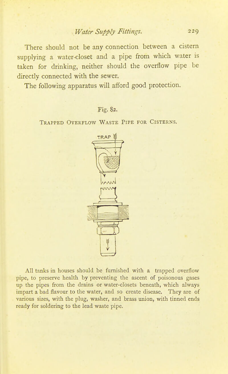 There should not be any connection between a cistern supplying a water-closet and a pipe from which water is taken for drinking, neither should the overflow pipe be directly connected with the sewer. The following apparatus will afford good protection. Fig. 82. Trapped Overflow Waste Pipe for Cisterns. \ 3* All tanks in houses should be furnished with a trapped overflow pipe, to preserve health by preventing the ascent of poisonous gases up the pipes from the drains or water-closets beneath, which always impart a bad flavour to the water, and so create disease. They are of various sizes, with the plug, washer, and brass union, with tinned ends ready for soldering to the lead waste pipe.