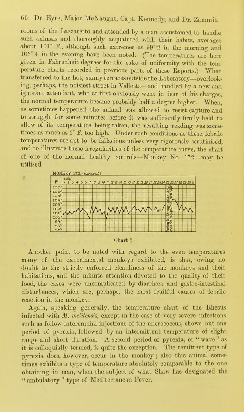 rooms of the Lazzaretto and attended by a man accustomed to handle such animals and thoroughly acquainted with their habits, averages about lOr F., although such extremes as 99°-2 in the morning and 103°-4 in the evening have been noted. (The temperatures are here given in Fahrenheit degrees for the sake of uniformity with the tem- perature charts recorded in previous parts of these Reports.) When transferred to the hot, sunny terraces outside the Laboratory—overlook- ing, perhaps, the noisiest street in Valletta—and handled by a new and ignorant attendant, who at first obviously went in fear of his charges, the normal temperature became probably half a degree higher. When, as sometimes happened, the animal was allowed to resist capture and to struggle for some minutes before it was sufficiently firmly held to allow of its temperature being taken, the resulting reading was some- times as much as 2° F. too high. Under such conditions as these, febrile temperatures are apt to be fallacious unless very rigorously scrutinised, and to illustrate these irregularities of the temperature curve, the chart of one of the normal healthy controls-—Monkey No. 172—may be utilised. MONKEY 172. {control) I07° ro6° io5° I04P 103° I02P 101° IOO° 99° 9S' 97° DAy I 23 4 56 7 8 9 10 II l^ 15 14/5 m/7 IS 19 ZO 21 2Z25Z4!Si6!7 ZS Z9iO 51 Chart 6. Another point to be noted with regard to the even temperatures many of the experimental monkeys exhibited, is that, omng no doubt to the strictly enforced cleanliness of the monkeys and their habitations, and the minute attention devoted to the quality of their food, the cases were uncomplicated by diarrhoja and gastro-intestinal disturbances, which are, perhaps, the most fruitful causes of febrile reaction in the monkey. Again, speaking generally, the temperature chart of the Ehesus infected with M. nielUensis, except in the case of very severe infections such as follow intercranial injections of the micrococcus, shows but one period of pyrexia, followed by an intermittent temperature of slight range and short duration. A second period of pyrexia, or wave as it is colloquially termed, is quite the exception. The remittent type of pyrexia does, however, occur in the monkey; also this animal some- times exhibits a type of temperature absolutely comparable to the one obtaining in man, when the subject of what Shaw has designated the  ambulatory  type of Mediterranean Fever.