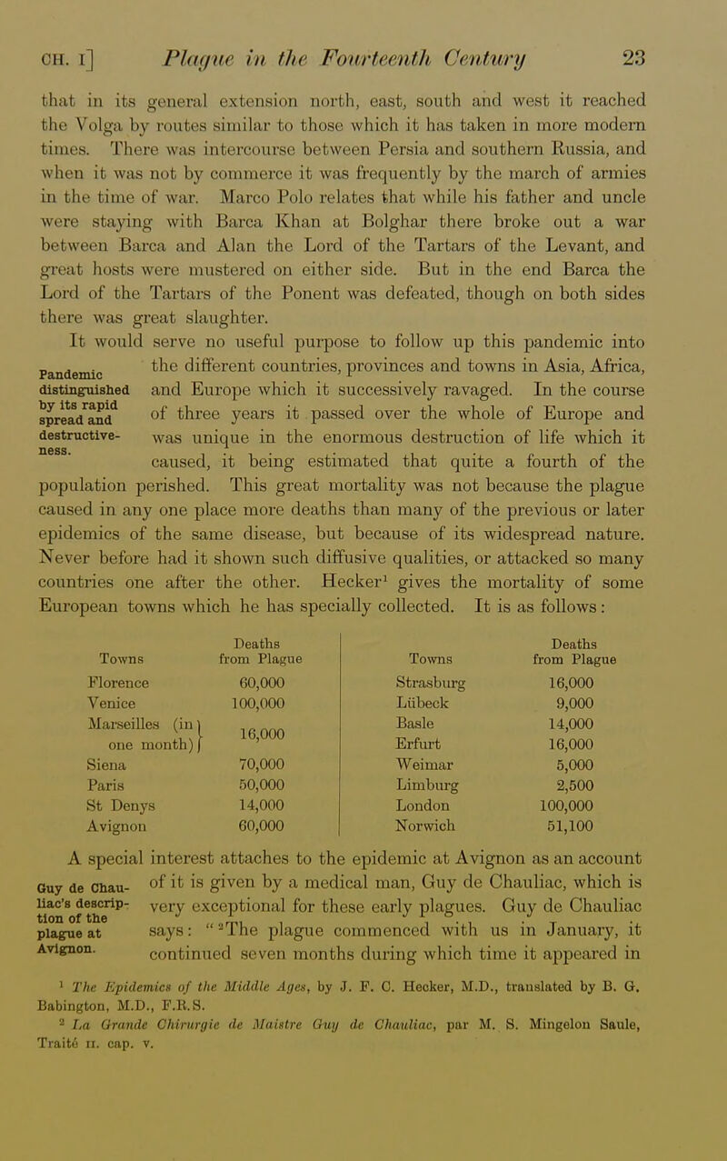 that in its general extension north, east, south and west it reached tin- Volga by ionics similar to those which it has taken in more modern times. There w as intercourse between Persia and southern Russia, and when it was not by commerce it was frequently by the march of armies in the time of war. Marco Polo relates that while his father and uncle were staying with Barca Khan at Bolghar there broke out a war between Barca and Alan the Lord of the Tartars of the Levant, and great hosts were mustered on either side. But in the end Barca the Lord of the Tartars of the Ponent was defeated, though on both sides there was great slaughter. It would serve no useful purpose to follow up this pandemic into the different countries, provinces and towns in Asia, Africa, and Europe which it successively ravaged. In the course of three years it passed over the whole of Europe and was unique in the enormous destruction of life which it caused, it being estimated that quite a fourth of the population perished. This great mortality was not because the plague caused in any one place more deaths than many of the previous or later epidemics of the same disease, but because of its widespread nature. Never before had it shown such diffusive qualities, or attacked so many countries one after the other. Hecker1 gives the mortality of some European towns which he has specially collected. It is as follows: Pandemic distinguished by its rapid spread and destructive- ness. Deaths Deaths Towns from Plague Towns from Plague Florence 60,000 Strasburg 16,000 Venice 100,000 Liibeck 9,000 Marseilles (in | 16,000 Basle 14,000 one month) | Erfurt 16,000 Siena 70,000 Weimar 5,000 Paris 50,000 Limburg 2,500 St Denys 14,000 London 100,000 Avignon 60,000 Norwich 51,100 A special interest attaches to the epidemic at Avignon as an account Guy de cnau- 0I ^ ^s giyen by a medical man, Guy de Chauliac, which is uac's^descrip- very exceptional for these early plagues. Guy de Chauliac plague at says: 2The plague commenced with us in January, it Avignon. continued seven months during which time it appeared in 1 The Epidemics of the Middle Ages, by J. F. C. Hecker, M.D., translated by B. G. Babington, M.D., F.R.S. 2 La Grande Chirurgie de Maistre Guy de Chauliac, par M. S. Mingelon Saule, Traite n. cap. v.