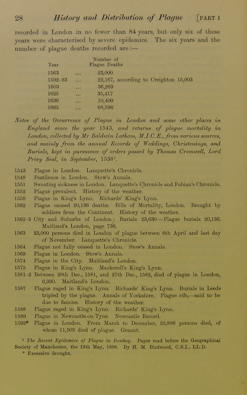 recorded in London in no fewer than 84 years, but only six of these years were characterised by severe epidemics. The six years and the number of plague deaths recorded are:— Number of Year Plague Deaths 1563 ... 23,000 1592-93 ... 22,167, according to Creighton 15,003 1603 ... 36,269 1625 ... 35,417 1636 ... 10,400 1665 ... 68,596 Notes of the Occurrence of Plague in London and some otlier places in England since the year 1543, and returns of plague mortality in London, collected by Mr Baldwin Latham, M.L.C.E., from various sources, and mainly from the annual Records of Weddings, Christenings, and Burials, kept in pursuance of orders passed by Thomas Cromwell, Lord Privy Seal, in September, 15381. 1543 Plague in London. Lanquette's Chronicle. 1548 Pestilence in London. Stow's Annals. 1551 Sweating sickness in London. Lanquette's Chronicle and Fabian's Chronicle. 1552 Plague prevalent. History of the weather. 1558 Plague in King's Lynn. Richards' King's Lynn. 1562 Plague caused 20,136 deaths. Bills of Mortality, London. Brought by soldiers from the Continent. History of the weather. 1562-3 City and Suburbs of London : Burials 23,630—Plague burials 20,136. Maitland's London, page 736. 1563 23,000 persons died in London of plague between 6th April and last day of November. Lanquette's Chronicle. 1564 Plague not fully ceased in London. Stow's Annals. 1569 Plague in London. Stow's Annals. 1574 Plague in the City. Maitland's London. 1575 Plague in King's Lynn. Mackerell's King's Lynn. 1581-2 Between 28th Dec, 1581, and 27th Dec, 1582, died of plague in London, 6,930. Maitland's London. 1587 Plague raged in King's Lynn. Richards' King's Lynn. Burials in Leeds tripled by the plague. Annals of Yorkshire. Plague rife,—said to be due to famine. History of the weather. 1588 Plague raged in King's Lynn. Richards' King's Lynn. 1589 Plague in Newcastle-on-Tyne. Newcastle Record. 1592* Plague in London. From March to December, 25,886 persons died, of whom 11,503 died of plague. Qraunt. 1 The Recent Epidemics of Plague in Bombay. Paper read before the Geographical Society of Manchester, the 19th May, 1898. By H. M. Birdwood, C.S.I., LL.D. * Excessive drought.