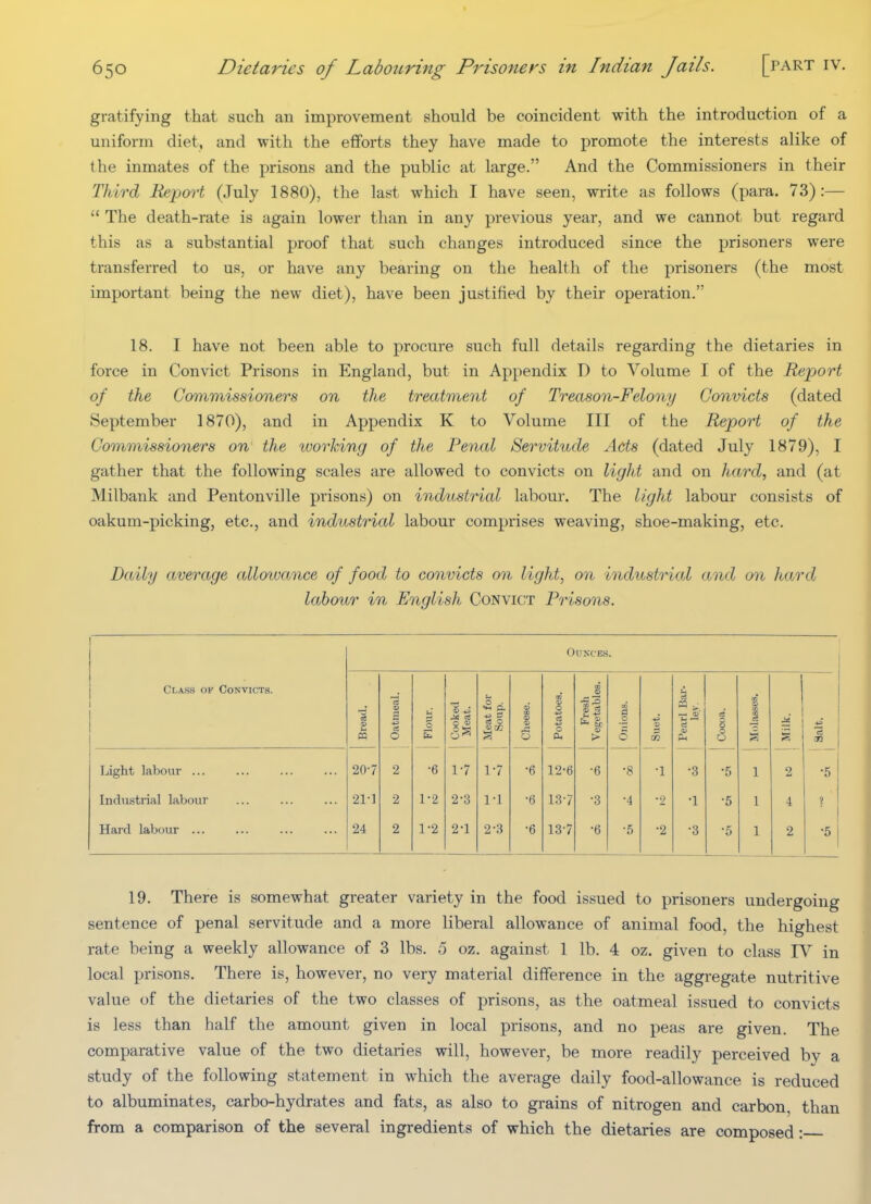 gratifying that such an improvement should be coincident with the introduction of a uniform diet, and with the efforts they have made to promote the interests alike of the inmates of the prisons and the public at large. And the Commissioners in their Third Report (July 1880), the last which I have seen, write as follows (para. 73):—  The death-rate is again lower than in any previous year, and we cannot but regard this as a substantial proof that such changes introduced since the prisoners were transferred to us, or have any bearing on the health of the prisoners (the most important being the new diet), have been justified by their operation. 18. I have not been able to procure such full details regarding the dietaries in force in Convict Prisons in England, but in Appendix D to Volume I of the Report of the Commissioners on the treatment of Treason-Felony Convicts (dated September 1870), and in Appendix K to Volume III of the Report of the Commissioners on the working of the Penal Servitude Acts (dated July 1879), I gather that the following scales are allowed to convicts on light and on hard, and (at Milbank and Pentonville prisons) on industrial labour. The light labour consists of oakum-picking, etc., and industrial labour comprises weaving, shoe-making, etc. Daily average alloivaoice of food to convicts on light, on industrial and on hard labour in English Convict Prisons. Ounces. Class of Convicts. Bread. ' Oatmeal. Flour. Cooked Meat. ca 0 ®!» m 5 Potatoes. Fresh Vegetables. Onions. -.^ m Pearl Bar- ley. Cocoa. P Milk. Salt. Light labour ... 20-7 2 •6 1-7 1-7 •6 12-6 •6 •8 •1 •3 •5 1 2 •5 Industrial labour 21-1 2 1-2 2-3 1-1 •6 13-7 •3 •4 2 •1 •5 1 4 Hard labour ... 24 2 1-2 2-1 2-3 •6 13-7 •6 •5 •2 •3 •5 1 2 •5 19. There is somewhat greater variety in the food issued to prisoners undergoing sentence of penal servitude and a more liberal allowance of animal food, the highest rate being a weekly allowance of 3 lbs. 5 oz. against 1 lb. 4 oz. given to class IV in local prisons. There is, however, no very material difference in the aggregate nutritive value of the dietaries of the two classes of prisons, as the oatmeal issued to convicts is less than half the amount given in local prisons, and no peas are given. The comparative value of the two dietaries will, however, be more readily perceived by a study of the following statement in which the average daily food-allowance is reduced to albuminates, carbo-hydrates and fats, as also to grains of nitrogen and carbon, than from a comparison of the several ingredients of which the dietaries are composed :