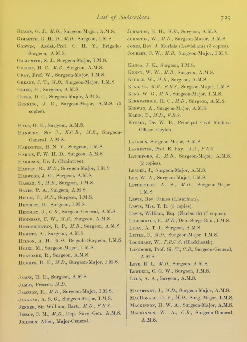 Gibson, G. J., M.B., Surgeon-Major, A.M.S. GiMLETTE, G. H. D., if./).. Surgeon, I.M.S. Godwin, Assist.-Prof. C. H. Y., Brigade- Surgeon, A.M.S. Goldsmith, S. J., Surgeon-Major, I.M.S. Gordon, H. C, Surgeon, A.M.S. Gray, Prof. W., Surgeon-Major, I.M.S. Greany, J. T., M.D., Surgeon-Major, I.M.S. Grier, H., Surgeon, A.M.S. Grose, D. C, Surgeon-Major, A.M.S. Gunning, J. D., Surgeon-Major, A.M.S. (2 copies). Hale, G. E., Surgeon, A.M.S. Hanbury, Sir J., K.C.B., M.JL, Surgeon- General, A.M.S. Harington, H. N. v., Surgeon, I.M.S. Harris, F. W. H. D., Surgeon, A.M.S. Harrison, Dr. J. (Braintree). Harvey, E.., M.D., Surgeon-Major, I.M.S. Harwood, J. G., Surgeon, A.M.S. Hassan, S., M.B., Surgeon, I.M.S. Hayes, P. A., Surgeon, A.M.S. Hehir, p., M.D., Surgeon, I.M.S. Hendley, H., Surgeon, I.M.S. Hendley, J., C.B., Surgeon-General, A.M.S. Hennessy, F. W., M.B., Surgeon, A.M.S. Hetherington, Pv. p., M.B., Surgeon, A.M.S. Hewett, a., Surgeon, A.M.S. HiLSON, A. H., M.D., Brigade-Surgeon, I.M.S. Hojel, M., Surgeon-Major, I.M.S. Holyoake, R., Surgeon, A.M.S. Hughes, D. E., M.D., Surgeon-Major, I.M.S. James, H. D., Surgeon, A.M.S. James, Prosser, M.D. Jameson, R., M.D., Surgeon-Major, I.M.S. Jayakar, a. S. G., Surgeon-Major, I.M.S. Jenneb, Sir William, Bart., M.D., F.R.S. Jessop, C. M., M.B., Dep. Surg.-Gen., A.M.S. Johnson, Allen, Major-General. Johnston, H. H., M.B., Surgeon, A.M.S. Johnston, W., M.D., Surgeon-Major, A.M.S. Jones, Rev. J. Morbus (Lewisliam) (3 copies). JouBERT, C. W., M.B., Surgeon-Major, I.M.S. Kanua, J. K,, Surgeon, I.M.S. Kenny, W. W., M.B., Surgeon, A.M.S. Kiddle, W., M.B., Surgeon, A.M.S. King, G., M.B., F.R.^S., Surgeon-Major, I.M.S. King, W. G., M.B., Surgeon-Major, I.M.S. Kirkpatrick, H. C, M.JJ., Surgeon, x4..M.S. KiRWAN, A., Surgeon-Major, A.M.S. Klein, E., M.D., F.R.S. Kynsey, Dr. W. R., Principal Civil Medical Officer, Ceylon. Langdon, Surgeon-Major, A.M.S. Lankester, Prof. E. Ray, F.R.S. Latchpord, J., M.B., Surgeon-Major, A.M.S. (2 copies). Leader, J., Surgeon-Major, A.M.S. Lee, W. a., Surgeon-Major, I.M.S. Lethbridge, a. S., M.D., Surgeon-Major, I.M.S. Lewis, Rev. James (Llanrhian). Lewis, Mrs. T. R. (3 copies). Lewis, William, Esq. (Narberth) (7 copies). Lidderdale, R., M.D., Dep.-Surg.-Gen., I.M.S. Lilly, A. T. I., Surgeon, A.M.S. Little, C, M.JJ., Surgeon-Major, I.M.S. LocKHART, W., F.R.C.S. (Blackheath). LoNGMORE, Prof. Sir T., C.B., Surgeon-General, A.M.S. Love, R. L., M.J)., Surgeon, A.M.S. LowDELL, C. G. W., Surgeon, I.M.S. Lyle, a, a.. Surgeon, A.M.S. Macartney, J., M.D., Surgeon-Major, A.M.S. MacDonald, D. p., M.JJ., Surg.-Major, I.M.S. MACKINNON, H. W. A., Svxrgeon-Major, A.M.S. MACKINNON, W. A., C.B., Surgeon-General, A.M.S. 1