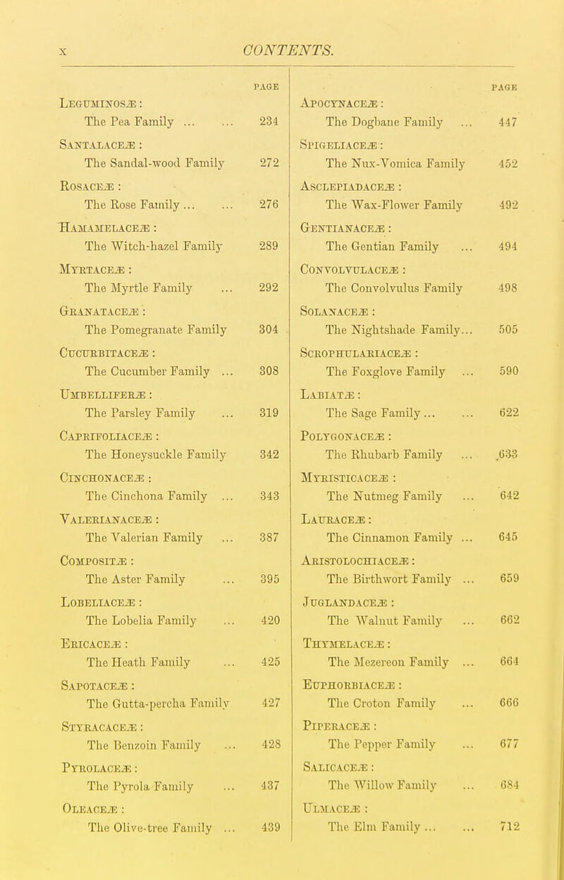 PAGK LEGUMINOSiE : The Pea FamOy 234 Santaiaciis: : The Sandal-wood Family 272 R0SA.CEiE : The Rose Family 276 llAMAMELACEiE : The Witch-hazel Family 289 Mystace^ : The Myrtle Family ... 292 GEAiTATACEiE ': The Pomegranate Family 304 CUCTJEBITACE^ : The Cucumber Family ... 308 TJlTBELLIFEBJE : The Parsley Family ... 319 Capeifoliace^ : The Honeysuckle Family 342 CiNCHONACEiE : The Cinchona Family ... 343 Vaxeeianace^ : The Valerian Family ... 387 Composite : The Aster Family ... 395 LOBELIACEiE : The Lobelia Family ... 420 EsiCACEiE : The Heath Family ... 425 Sapoxace^ : The Gutta-percha Family 427 STYEACACEiE : The Benzoin Family ... 428 Pyeolace^ : The Pyrola Family ... 437 OLEACEiE : The Olive-tree Family ... 439 PAOK APOCYNACEiE : The Dogbane Family ... 447 SpiGELlACEiE: The Nux-Vomica Family 452 AsCLEPIABACE-aE : The Wax-Flower Family 492 GENTIANACE.a; : The Gentian Family ... 494 CONVOLVULACE^ : The Convolvulus Family 498 SOLANACE.aE : The Nightshade Family... 505 SCEOPHUIAEIACE^ : The Foxglove Family ... 590 LabiaT/E : The Sage Family 622 POLTGOlfACE^ : The Rhubarb Family ... .633 MYEISTICACEiE : The Nutmeg Family ... 642 LATJEACEiE : The Cinnamon Family ... 645 Aeistolochiace^ : The Birth wort Family ... 659 JUGLANDACE-S! : The Walnut Family ... 662 Thymelace^ : The Mezereon Family ... 664 EXJPHOEBIACEiE : The Croton Family ... 666 PiPEEACEJE : The Pepper Family ... 677 SALICACE.E : The Willow Family ... 684 ULltACEiE : Tlie Elm Family 712