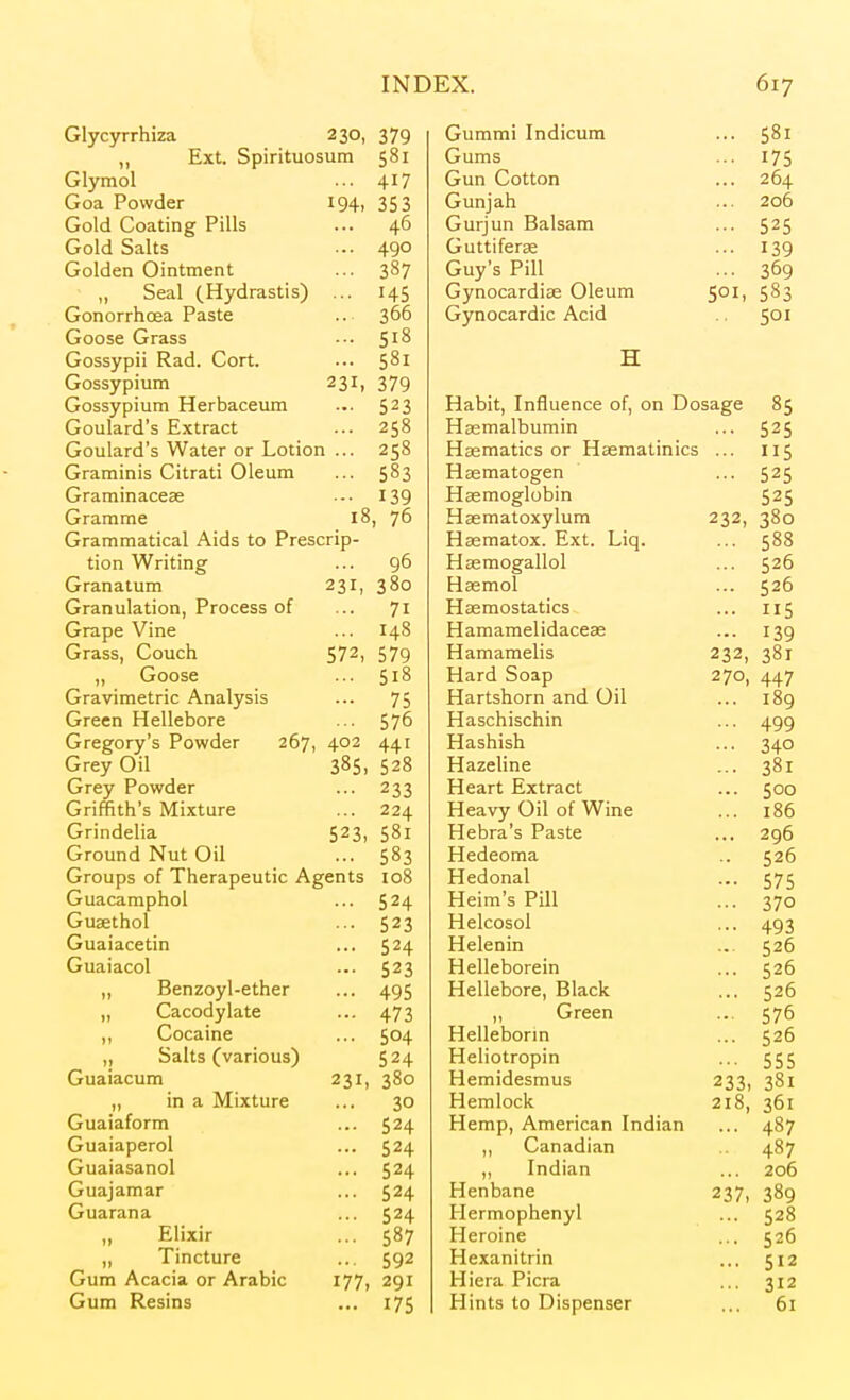 Glycyrrhiza 230, 379 „ Ext. Spirituosum 581 Glymol ... 417 Goa Powder 194, 353 Gold Coating Pills ... 46 Gold Salts ... 490 Golden Ointment ... 387 „ Seal (Hydrastis) ... 145 Gonorrhoea Paste .. 366 Goose Grass ... 5'^ Gossypii Rad. Cort. ... 581 Gossypium 231, 379 Gossypium Herbaceum ... 523 Goulard's Extract ... 258 Goulard's Water or Lotion ... 258 Graminis Citrati Oleum ... 583 Graminaceae ... 139 Gramme 18, 76 Grammatical Aids to Prescrip- tion Writing ... 96 Granatum 231, 380 Granulation, Process of ... 71 Grape Vine ... 148 Grass, Couch 572, 579 ,, Goose ... 518 Gravimetric Analysis ... 75 Green Hellebore ... 576 Gregory's Powder 267, 402 441 Grey Oil 385, 528 Grey Powder ... 233 Griffith's Mixture ... 224 Grindelia 523, 581 Ground Nut Oil ... 583 Groups of Therapeutic Agents 108 Guacamphol ... 524 Gusethol ... 523 Guaiacetin ... 524 Guaiacol ... 523 ,, Benzoyl-ether ... 495 „ Cacodylate ... 473 Cocaine ... 504 „ Salts (various) 524 Guaiacum 231, 380 ,, in a Mixture ... 30 Guaiaform ... 524 Guaiaperol ... 524 Guaiasanol ... 524 Guajamar ... 524 Guarana ... 524 „ Elixir ... 587 „ Tincture ... 592 Gum Acacia or Arabic 177, 291 Gum Resins ... 175 Gummi Indicum Gums Gun Cotton Gunjah Gurjun Balsam Guttiferae Guy's Pill Gynocardiae Oleum Gynocardic Acid ... 581 ... 175 ... 264 ... 206 ••• 525 ••• 139 ... 369 Soi> 583 .. SOI Habit, Influence of, on Dosage 85 Haemalbumin ... 525 Hasmatics or Haematinics ... 115 Hsematogen ... 525 Hasmoglobin 525 Haematoxylum 232, 380 Haematox. Ext. Liq. ... 588 Haemogallol ... 526 Hasmol ... 526 Haemostatics ... 115 Hamamelidaceae ... 139 Hamamelis 232, 381 Hard Soap 270, 447 Hartshorn and Oil ... 189 Haschischin ... 499 Hashish ... 340 Hazeline ... 381 Heart Extract ... 500 Heavy Oil of Wine ... 186 Hebra's Paste ... 296 Hedeoma .. 526 Hedonal ... 575 Heim's Pill ... 370 Helcosol ... 493 Helenin .. 526 Helleborein ... 526 Hellebore, Black ... 526 ,, Green ... 576 Helleborm ... 526 Heliotropin ... 555 Hemidesmus 233, 381 Hemlock 218, 361 Hemp, American Indian ... 487 ,, Canadian 487 „ Indian ... 206 Henbane 237, 389 Hermophenyl ... 528 Eleroine ... 526 Hexanitrin ... 512 Hiera Picra ... 312 Hints to Dispenser ... 61