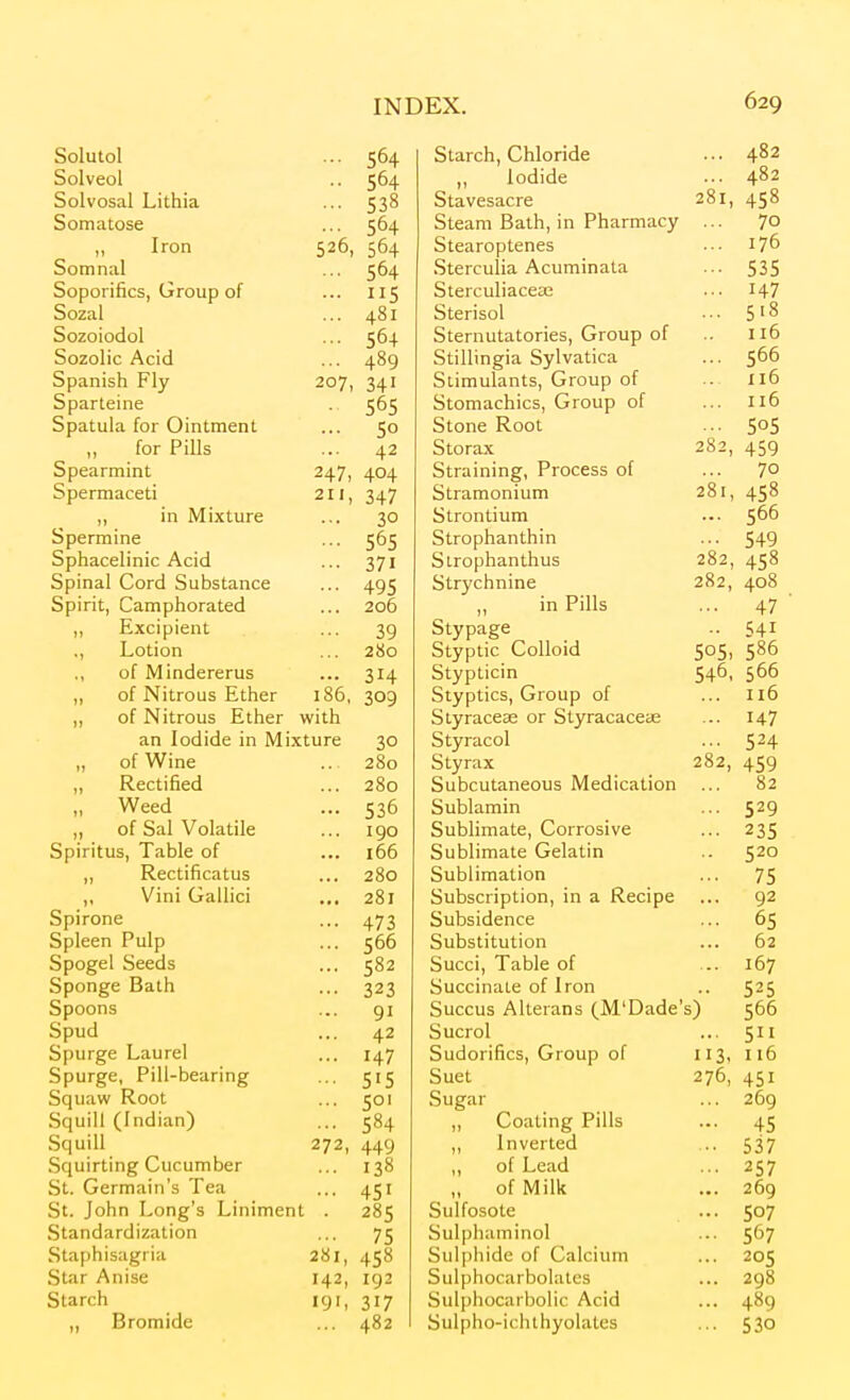 Solutol ... 564 Solveol .. 564 Solvosal Lithia ... 538 Somatose ... 564 Iron 526, 564 Somnal ... 564 Soporifics, Group of ... 115 Sozal ... 481 Sozoiodol ... 564 Sozolic Acid ... 489 Spanish Fly 207, 341 Sparteine . 565 Spatula for Ointment ... 50 „ for Pills ... 42 Spearmint 247, 404 Spermaceti 211, 347 „ in Mixture ... 30 Spermine ... 565 Sphacelinic Acid ... 371 Spinal Cord Substance ... 495 Spirit, Camphorated ... 206 „ Excipient ... 39 ., Lotion ... 280 of Mindererus ... 314 ,, of Nitrous Ether 186, 309 ,, of Nitrous Ether with an Iodide in Mixture 30 „ of Wine .. 280 „ Rectified ... 280 „ Weed ... 536 ,, of Sal Volatile ... 190 Spiritus, Table of ... 166 „ Rectificatus ... 280 ,, Vini Gallici ... 281 Spirone ... 473 Spleen Pulp ... 566 Spogel Seeds ... 582 Sponge Bath ... 323 Spoons ... gi Spud ... 42 Spurge Laurel ... 147 Spurge, Pill-bearing ... 515 Squaw Root ... 501 Squill (Indian) ... 584 Squill 272, 449 .Squirting Cucumber ... 138 St. Germain's Tea ... 451 St. John Long's Liniment . 285 Standardization ... 75 Staphisagria 281, 458 Star Anise 142, 192 Starch 191, 317 „ Bromide ... 482 Starch, Chloride ... 482 ,, Iodide 482 Stavesacre 281 458 Steam Balh, in Pharmacy 70 Stearoptenes 176 .Sterculia Acuminata 535 Sterculiacea2 147 Sterisol 518 Sternutatories, Group of 116 Stillingia Sylvatica 566 Stimulants, Group of X16 Stomachics, Group of 116 Stone Root 505 S to rax 282 459 Straining, Process of 70 Stramonium 281 458 Strontium • > . 566 Strophanthin 549 Strophanthus 282 458 408 Strychnine 282 in Pills 47 Stypage 541 Styptic Colloid 505 586 Stvpticin 546, 566 Styptics, Group of 116 Slvracese or Styracacete 147 Styracol 282, 524 Styrax 459 Subcutaneous Medication 82 Sublamin 529 Sublimate, Corrosive 235 Sublimate Gelatin 520 Sublimation 75 Subscription, in a Recipe 92 Subsidence 65 Substitution 62 Succi, Table of 167 Succinate of Iron 525 Succus Alterans (M'Dade's) 566 Sucrol 511 Sudorifics, Group of 113. 116 Suet 276, 451 Sugar 269 ,, Coating Pills 45 ,, Inverted 537 ,, of Lead 257 „ of Milk 269 Sulfosote 507 Sulphaminol 567 Sulphide of Calcium 205 Sulphocarbolatcs 298 Sulphocarbolic Acid 489 Sulpho-ichlhyolates 530