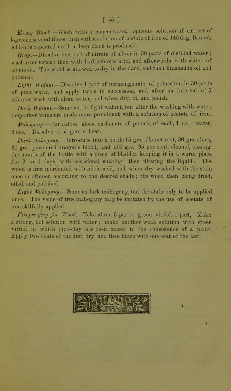 C Ob ] E!ju)i!j ZJ/at-^.—Wash with a concentrated aqueous sohition of extract of logwood several times; then with a solution of acetate of iron of 140 dcg. Baura6, which is repeated until a deep hlack is produced. Qray.—VhiioUe one part of nitrate of silver in 50 parts of distilled water ; wasli over twice ; then with hvdrochloiic acid, and afterwards with water of auunoiiia. The wood is allowed to dry in the dark, and then finished in oil and polished. Light Walnut—BisGoUe 1 part of permanganate of potassium in 30 parts of pure water, and apply twice in succession, and after an interval of 5 minutes wash with clean water, and when dry, oil and polish. Dark Walnut—Siivne as for light walnut, but after the washing with water, the-jdarker veins are made more prominent with a solution of acetate of iron. Mahoyuny.—Barbadoes aloes, carbonate of potash, of each, 1 oz. ; water, 2 ozs. Dissolve at a gentle heat. Dark Mahogany. Introduce into a bottle 15 grs. alkanet root, 30 grs. aloes, 30 grs. powdered dragon's blood, and 500 grs. 95 per cent, alcohol, closing the mouth of the bottle with a piece of bladder, keeping it in a warm place for 3 or 4 days, with occasional shaking; then filtering the liquid. Th-^ wood is first mordanted with nitric acid, and when dry washed with the stain once or oftener, according to the desired shade ; the wood then being dried, oiled, and polished. Light Mahogany.—Same as dark mahogany, but the stain only to be applied once. The veins of true mahogany mcy be imitated by the use of acetate of iron skilfully applied. Fireproofing for Wonrl.—Take alum, 3 parts ; green vitriol, 1 part, Make a strong, hot solution with water ; make another weak solution with green vitriol in which pipe-clay has been mixed to the consistence of a paint. Apply two coats of the first, dry, and then finish with one coat of the last.