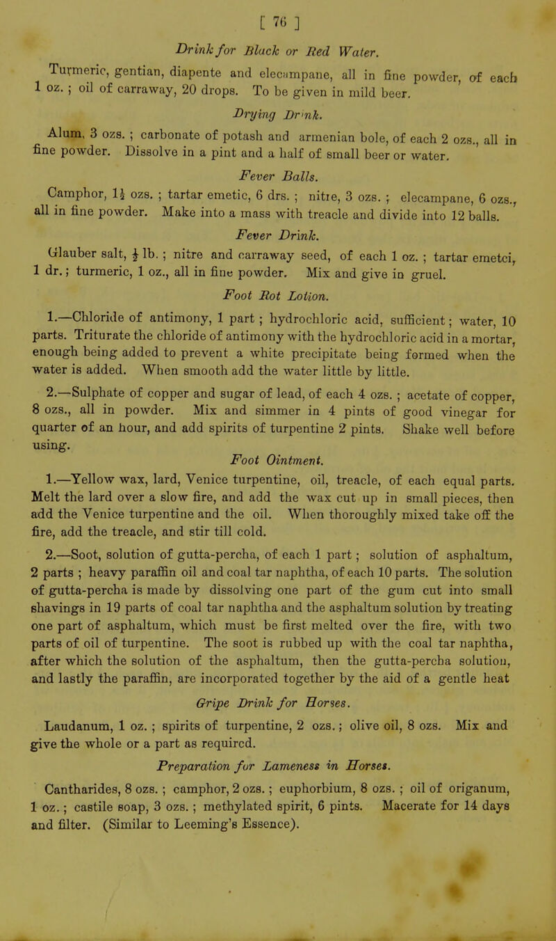 [ 70 ] Drink for Black or Red Water. Turmeric, gentian, diapente and elec^impane, all in fine powder, of eacb 1 oz.; oil of carraway, 20 drops. To be given in mild beer. Drying Brmh. Alum, 3 ozs. ; carbonate of potash and armenian bole, of each 2 ozs., all in fine powder. Dissolve in a pint and a half of small beer or water. Fever Balls. Camphor, U ozs. ; tartar emetic, 6 drs. ; nitie, 3 ozs. \ elecampane, 6 ozs., all in fine powder. Make into a mass with treacle and divide into 12 balls. Fever Drink. Glauber salt, ^ lb. ; nitre and carraway seed, of each 1 oz. ; tartar emetci, 1 dr.; turmeric, 1 oz., all in fine powder. Mix and give in gruel. Foot Rot LoUon. 1. —Chloride of antimony, 1 part; hydrochloric acid, suflBcient; water, 10 parts. Triturate the chloride of antimony with the hydrochloric acid in a mortar, enough being added to prevent a white precipitate being formed when the water is added. When smooth add the water little by little. 2. —Sulphate of copper and sugar of lead, of each 4 ozs. ; acetate of copper, 8 ozs., all in powder. Mix and simmer in 4 pints of good vinegar for quarter of an hour, and add spirits of turpentine 2 pints. Shake well before using. Foot Ointment. 1. —Yellow wax, lard, Venice turpentine, oil, treacle, of each equal parts. Melt the lard over a slow fire, and add the wax cut up in small pieces, then add the Venice turpentine and the oil. When thoroughly mixed take ofE the fire, add the treacle, and stir till cold. 2. —Soot, solution of gutta-percha, of each 1 part; solution of asphaltum, 2 parts ; heavy paraffin oil and coal tar naphtha, of each 10 parts. The solution of gutta-percha is made by dissolving one part of the gum cut into small shavings in 19 parts of coal tar naphtha and the asphaltum solution by treating one part of asphaltum, which must be first melted over the fire, with two parts of oil of turpentine. The soot is rubbed up with the coal tar naphtha, after which the solution of the asphaltum, then the gutta-percha solution, and lastly the paraffin, are incorporated together by the aid of a gentle heat Crripe Brink for Horses. Laudanum, 1 oz. ; spirits of turpentine, 2 ozs.; olive oil, 8 ozs. Mix and give the whole or a part as required. Preparation fur Lameness in Horses. Cantharides, 8 ozs. ; camphor, 2 ozs.; euphorbium, 8 ozs. ; oil of origanum, 1 oz.; castile soap, 3 ozs.; methylated spirit, 6 pints. Macerate for 14 days and filter. (Similar to Leeming's Essence).