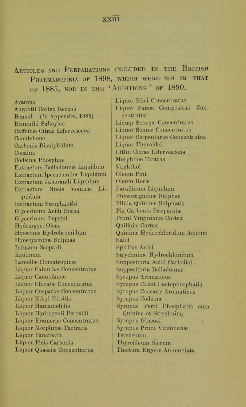 Articles and Preparations included in the British Pharmacopeia of 1898, which were not in that OF 1885, NOR in the ' Additions ' of 1890. Araroba Aurantii Cortex Recens Benzol. (In Appendix, 1885) Bismuthi Salicylas CalfeinsB Citras Effervescens Caoutchouc Carbonis Bisulphiclura Cocaina Codeinas Phosphas Extractum Belladonnffi Liquidum Extractum Ipecacuanhse Liquidum Extractum Jaborandi Liquidum Extractum Nucis Vomicae Li- quidum Extractum Strophanthi Glycerinum Acidi Borici Glycerinum Pepsini Hydrargyri Oleas Hyoscinae Hydrobromidum Hyoscyaminffi Sulphas Infusum Scoparii Kaolinum Lamellae Homatropinae Liquor Calumbae Concentratus Liquor Caoutchouc Liquor Chirata; Concentratus Liquor Cuspariae Concentratus Liquor Ethyl Nitritis Liquor Hamamelidis Liquor Hydrogenii Peroxidi Liquor Krameriae Concenti'atus Liquor Morphinae Tartratis Liquor Pancreatis Liquor Picis Carbonis Liquor Quassiae Concentratus Liquor Rhei Concentratus Liquor Sarsfe Compositus Con- centratus LiquQr Senegas Concentratus Liquor Sennae Concentratus Liquor Serpentarise Concentratus Liquor Thyroidei Lithii Citras Effervescens Morphinae Tartras Naphthol Oleum Pini Oleum Rosae Paraffinum Liquidum Physostigminte Sulphas Pilula QuininfB Sulphatis Pix Carbonis Prfeparata Pruni Virginiana; Cortex Quillaiae Cortex Quininffi Hydrochloridum Acidum Salol Spiritus Anisi Strychninae Hydrochloridum Suppositoria Acidi Carbolici Suppositoria Belladonnae Syrupus Aromaticus Syrupus Calcii Lactophosphatis Syrupus Cascarae Aromaticus Syrupus CodeinaB Syrupus Ferri Phosphatis cum Quinina et Strychnina Syrupus Glucosi Syrupus Pruni Virginianae Terebenum Thyroideum Siccum I Tinctura Ergotae Ammoniata