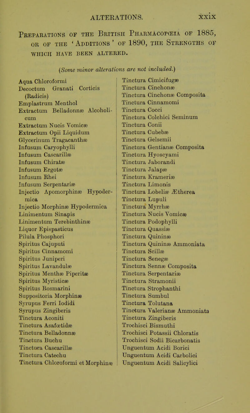 Preparations of the British Pharmacop(eia of 1885, OR OF the * APDITIONS ' OF 1890, THE STRENGTHS OF WHICH HAVE BEEN ALTERED. {Some minor alterations are not included.) Aqua Chloroformi Decoctum Granati Corticis (Radicis) Emplastrura Menthol Extractum Belladonnffi Alcoholi- cum Extractum Nucis Vomicae Extractum Opii Liquidum Glyceriiium TragacanthsB Infusum Caryophylli Infusum CascarillaB Infusum Chiratee Infusum Ergotae Infusum Rhei Infusum Serpentarise Injectio Apomorphinee Hypoder- mica Injectio MorphinaB Hypodermica Linimentum Sinapis Linimentum Terebinthinae Liquor Epispasticus Pilula Phosphori Spiritus Cajuputi Spiritus Cinnamomi Spiritus Juniperi Spiritus Lavandulae Spiritus Menthae Piperitae Spiritus Myristicae Spiritus Rosmarini Suppositoria Morphinae Syrupus Ferri lodidi Syrupus Zingiberis Tinctura Aconiti Tinctura Asafoetidae Tinctura BelladonnaB Tirujtura Buchu Tinctura CascarillaB Tinctura Catechu Tinctura Chloroformi et Morphinae Tinctura Cimicifugae Tinctura Cinchonae Tinctura Cinchonae Composita Tinctura Cinnamomi Tinctura Cocci Tinctura Colchici Seminum Tinctura Conii Tinctura Cubebae Tinctura Gelsemii Tinctura Gentianae Composita Tinctura Hyoscyami Tinctura Jaborandi Tinctura Jalapae Tinctura Krameriae Tinctura Limonis Tinctura Lobeliae ^Etherea Tinctura Lupuli Tinctura Myrrhae Tinctura Nucis Vomicae Tinctura Podophylli Tinctura Quassias Tinctura Quininas Tinctura Quininae Ammoniata Tinctura Scillae Tinctura Senegae Tinctura Sennas Composita Tinctura Serpentariae Tinctura Stramonii Tinctura Strophanthi Tinctura Sumbul Tinctura Tolutana Tinctura Valerianae Ammoniata Tinctura Zingiberis Trochisci Bismuthi Trochisci Potassii Chloratis Trochisci Sodii Bicarbonatis Unguentum Acidi Borici Unguentum Acidi Carbolici Unguentum Acidi Salicyiici