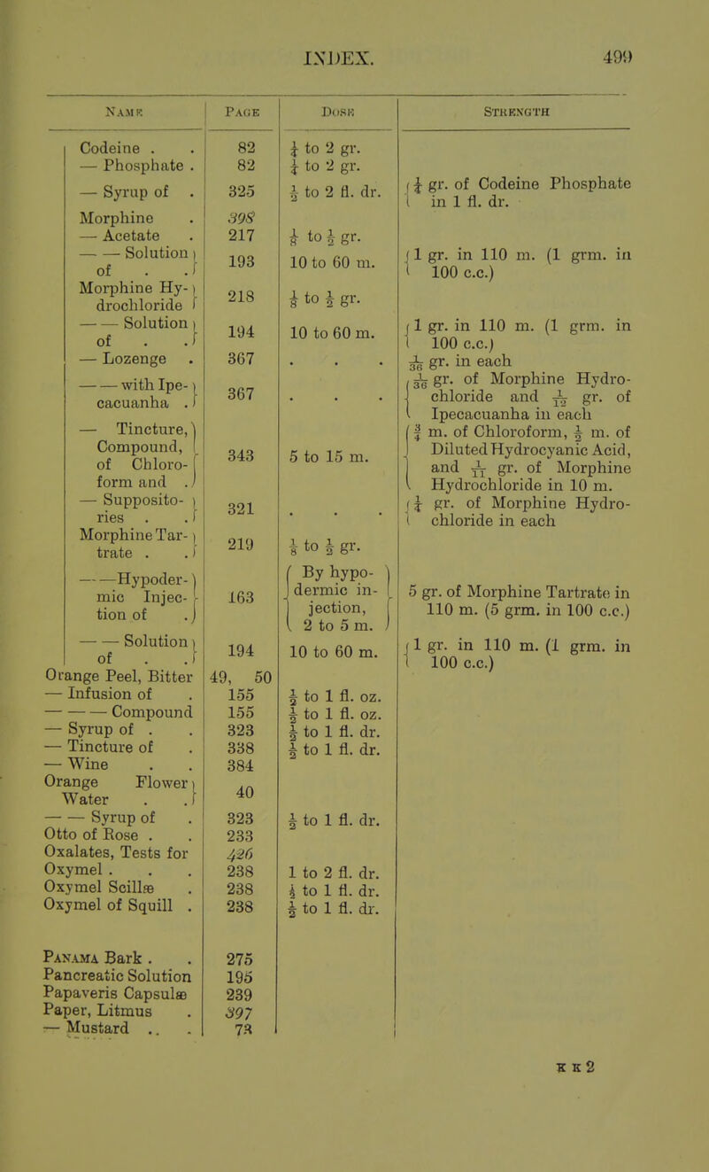IXJJEX. 495) Namr Page Codeine . — Phosphate — Syrup of Morphine — Acetate Solution) of . J Morjjhine Hy-) drochloride f Solution I of . J — Lozenge with Ipe-1 cacuanha . > — Tincture,] Compound, I of Chloro- form and . — Supposito- ries Morphine Tar-) trate . .J Hypoder- ] mic Injec- [ tion of .) Solution ] of . J Orange Peel, Bitter — Infusion of Compound — Syrup of . — Tincture of — Wine Orange Flower Water Syrup of Otto of Eose . Oxalates, Tests for Oxymel . Oxymel Scillae Oxymel of Squill Pan.oia Bark . Pancreatic Solution Papaveris Capsulae Paper, Litmus — Mustard .. 82 82 325 39S 217 193 218 194 367 367 343 321 219 163 194 49, 50 155 155 323 338 384 40 323 233 426 238 238 238 275 195 239 397 7S DoSK k to 2 gr. i to 2 gr. i to 2 fl. dr. ^ to i gr. 10 to 60 m. 8 to I gr. 10 to 60 m. 5 to 15 m. i to I gr. By hypo- dermic in- jection, . 2 to 5 m. 10 to 60 m. 5 to 1 fl. oz. 5 to 1 fl. oz. i to 1 fl. A to 1 fl. dr. dr. i to 1 fl. dr. 1 to 2 fl. dr. 4 to 1 fl. dr. J to 1 fl. dr. STitENGTH (^ gr. of Codeine Phosphate t in 1 fl. dr. 1 gr. in 110 m. (1 grm. in 100 c.c.) 1 gr. in 110 m. (1 grm. in 100 c.c.j gr. in each gr. of Morphine Hydro- chloride and p7 gr. of Ipecacuanha in each I m. of Chloroform, § m. of Diluted Hydrocyanic Acid, and gr. of Morphine Hydrochloride in 10 m. J gr. of Morphine Hydro- chloride in each 5 gr. of Morphine Tartrate in 110 m. (5 grm. in 100 c.c.) J1 gr. in 110 m. (1 grm. in 1 100 c.c.) K k2